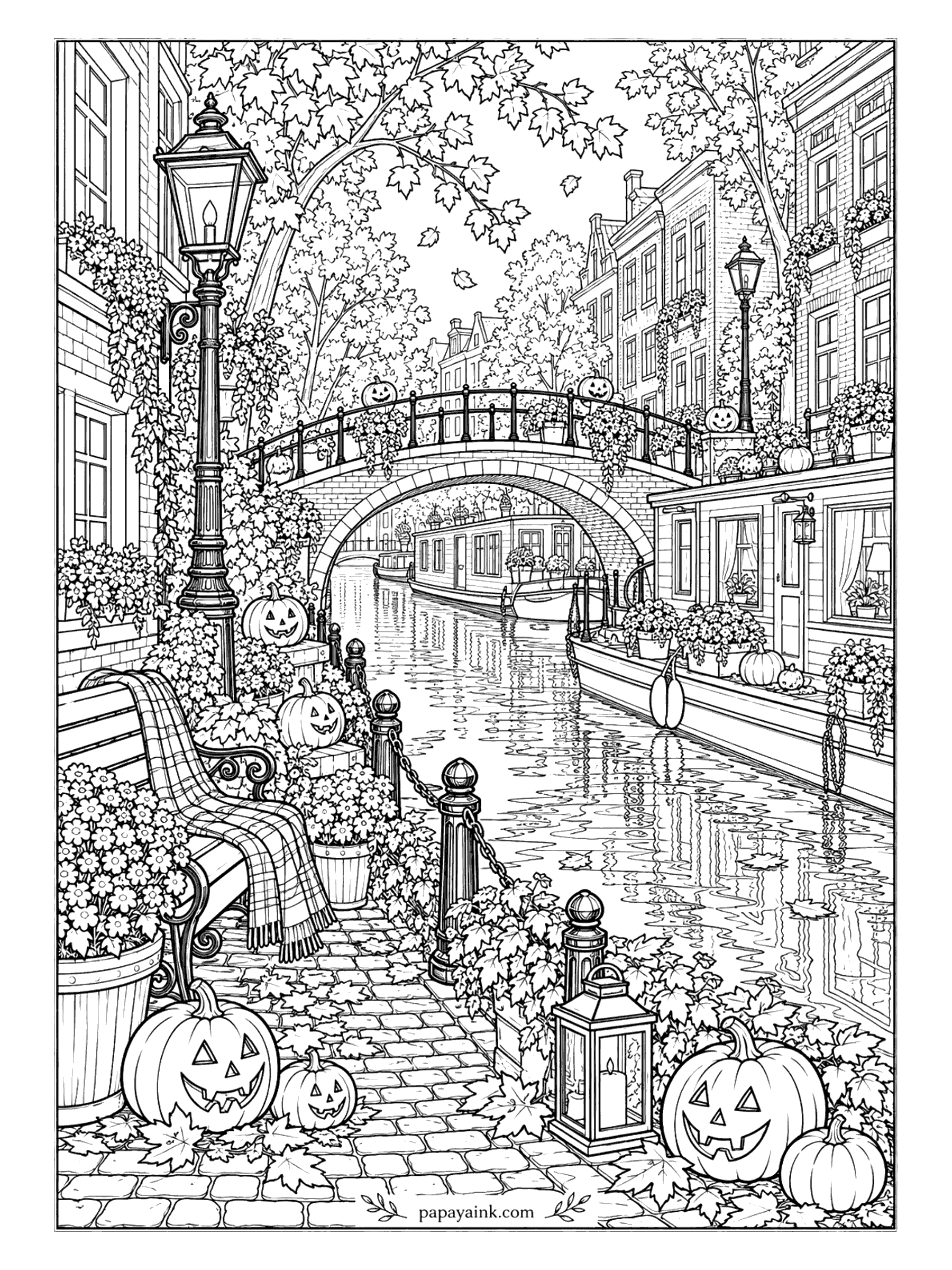 Halloween Coloring Pages for Adults - Canal street at dusk: a stone bridge, a lamppost, houseboats moored along the quay, a blanket-draped seat and jack-o'-lanterns on the cobbles. Old European town dressed for the holiday. Detailed - the water ripples and brickwork.