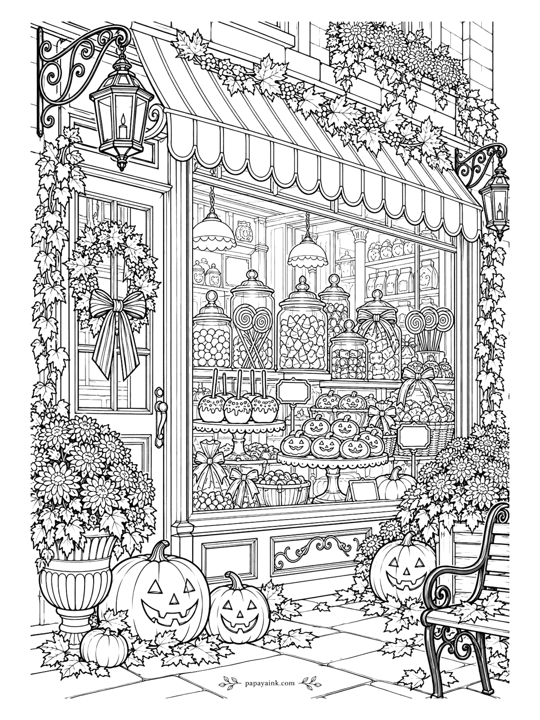 Halloween Coloring Pages for Adults - Candy shop under a scalloped awning: jars of lollipops and gumdrops, caramel apples, pumpkin cookies on stands and a wreath with a bow on the door, with a bench and mums outside. Detailed - the window display alone is an evening.