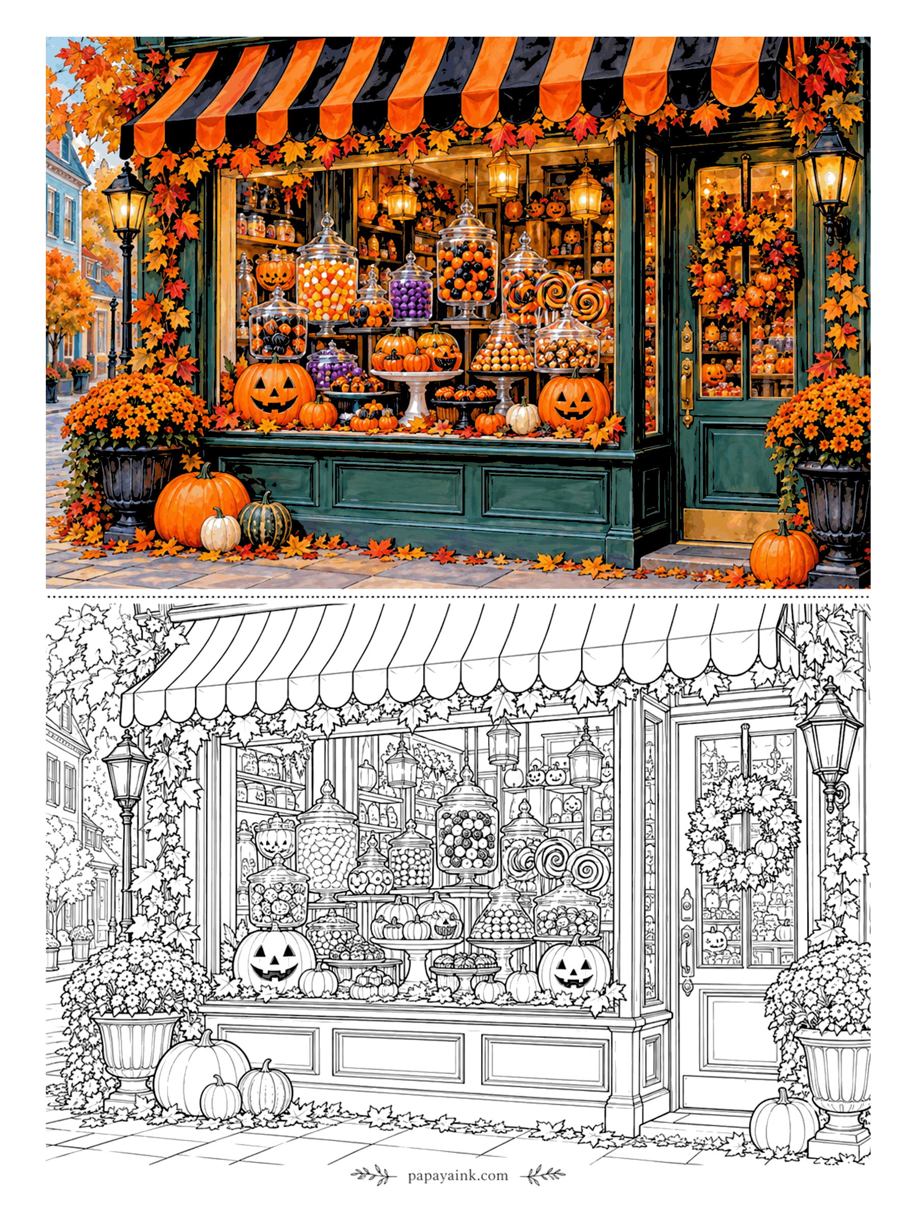 Halloween Coloring Pages for Adults - Apothecary jars of candy corn and lollipops fill the window of a corner candy shop under a striped awning, pumpkins guarding the step. The jars are the challenge: leave thin white highlights on the glass. Detailed.
