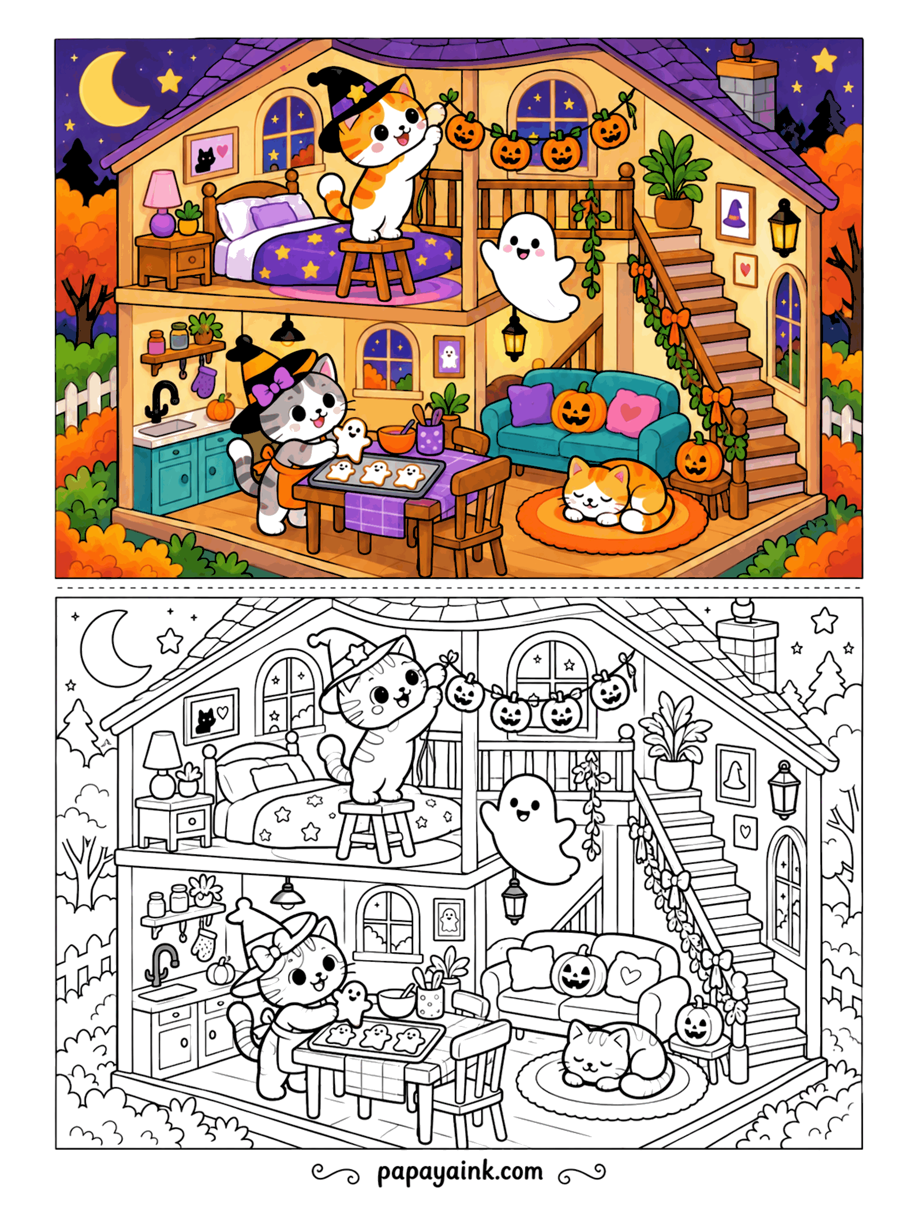 Halloween Cat Coloring Pages - A cutaway house with a Halloween room on every floor: a kitten hanging pumpkin lights upstairs, one baking cookies in the kitchen, a ghost on the landing and a sleeper on the rug. Detailed - windows, stairs and shelves everywhere.