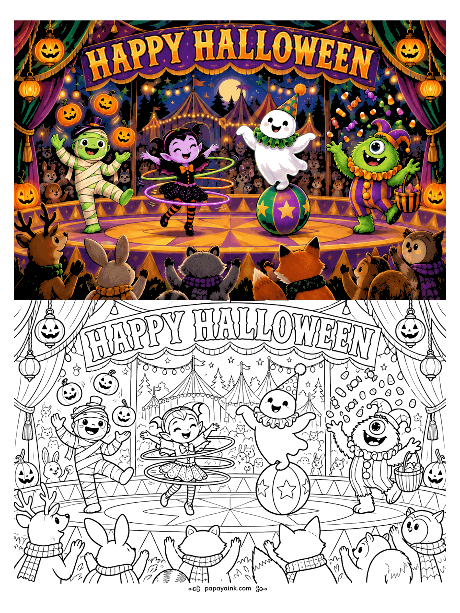 Halloween Coloring Pages - A mummy juggling pumpkins, a hula-hooping vampire girl, a ghost clown on a ball and a candy-tossing monster perform for a crowd of forest animals. Detailed