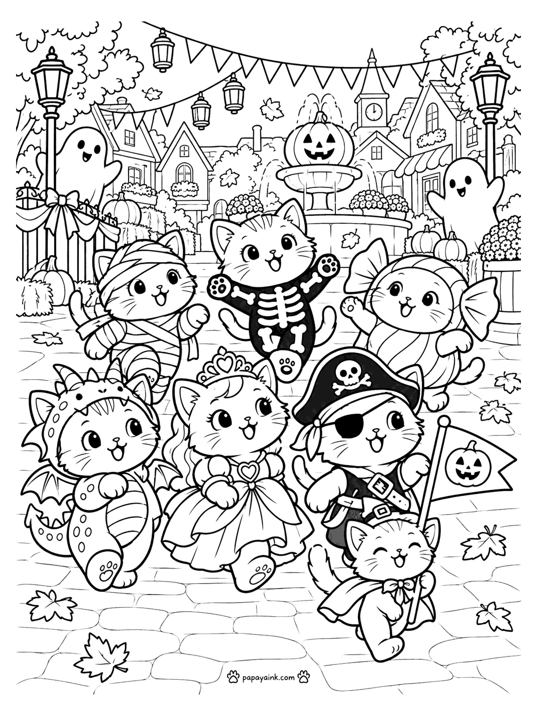 Halloween Cat Coloring Pages - A Halloween costume parade in the town square: mummy, skeleton, candy, dragon, princess, and pirate cats by the pumpkin fountain. Detailed.