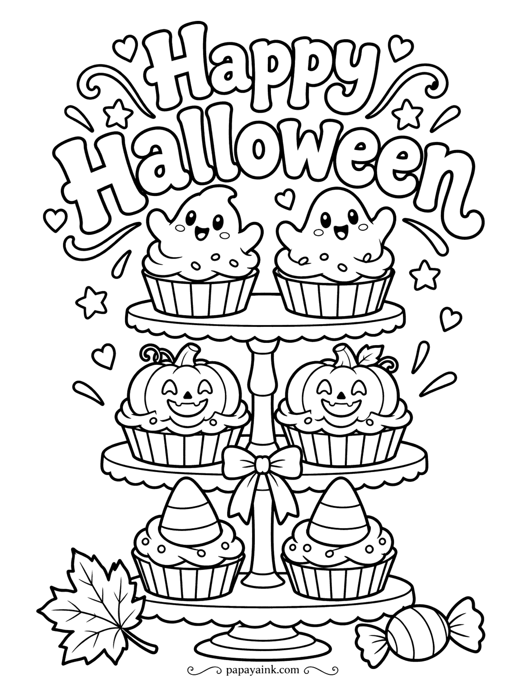 Halloween Coloring Pages - Cupcake tower, three tiers: ghost toppers up top, pumpkins in the middle, candy-corn cones at the bottom, and a bow on the stand. Easy to color, and the stripes on the wrappers are a nice place for a pattern.