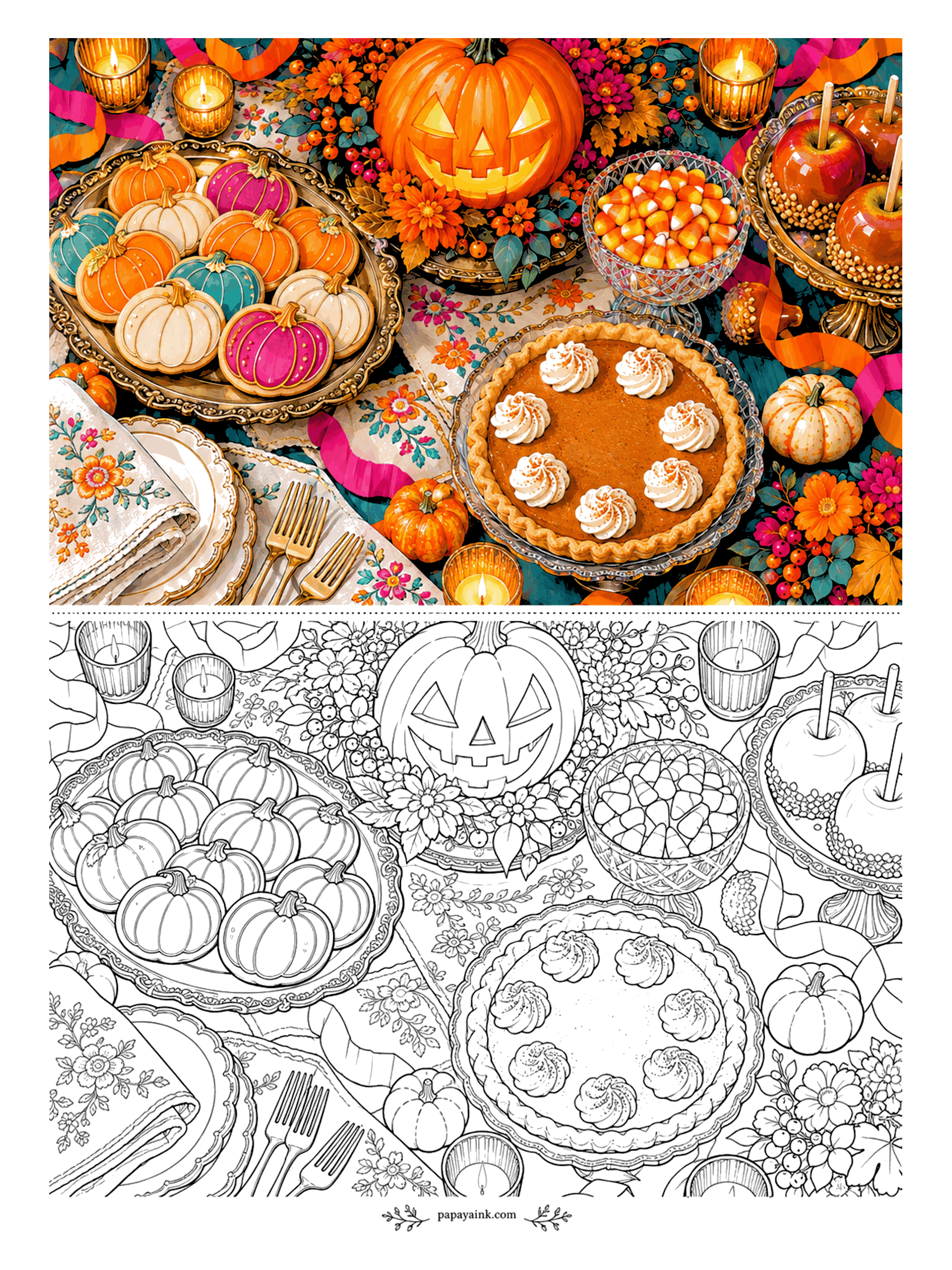 Halloween Coloring Pages for Adults - Pumpkin pie with whipped-cream rosettes, a tray of iced pumpkin cookies, candy corn in a glass bowl and caramel apples on stands, seen from above with ribbon winding between the plates. Pastel icing on the cookies, antique silver on the trays.