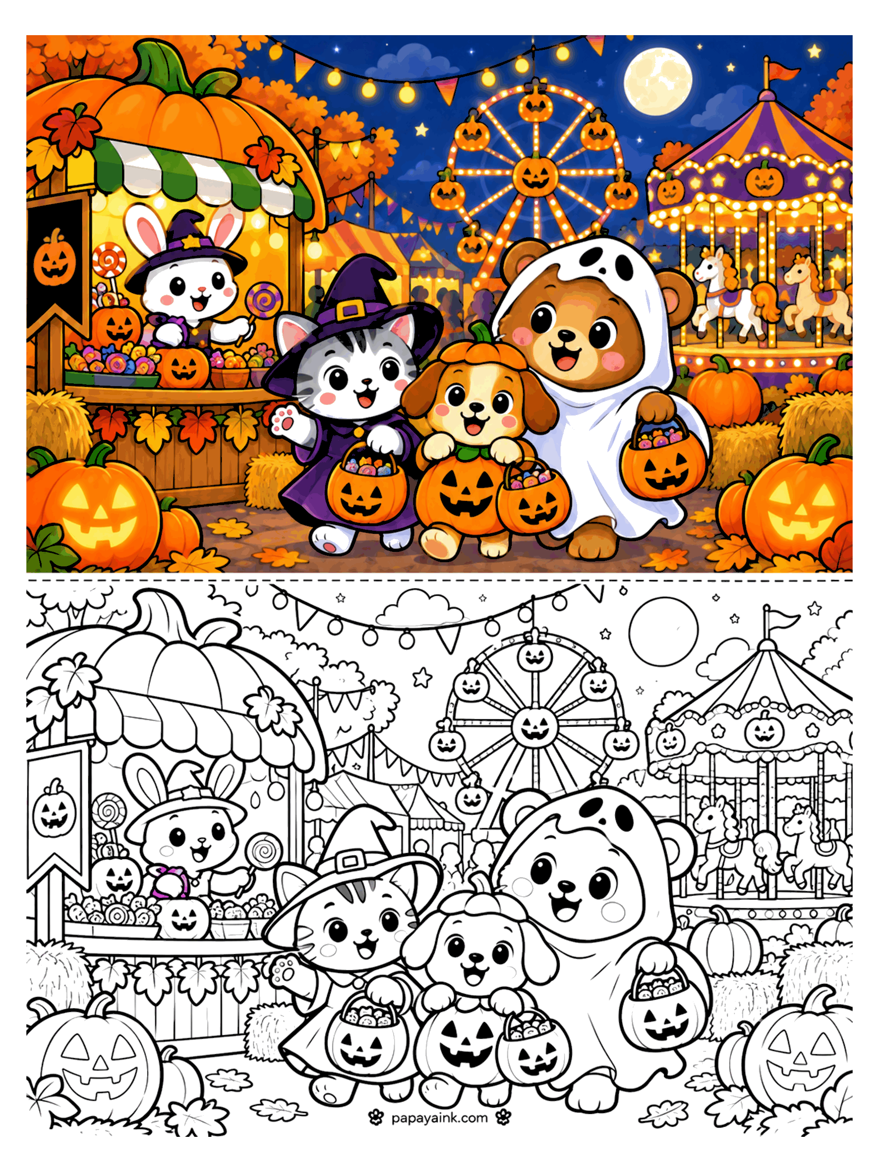 Pumpkin Coloring Pages - A cat witch, a puppy in a pumpkin suit, and a bear in a ghost sheet carry candy buckets past a sweets stall, a ferris wheel, and a carousel at a night fair. Detailed.