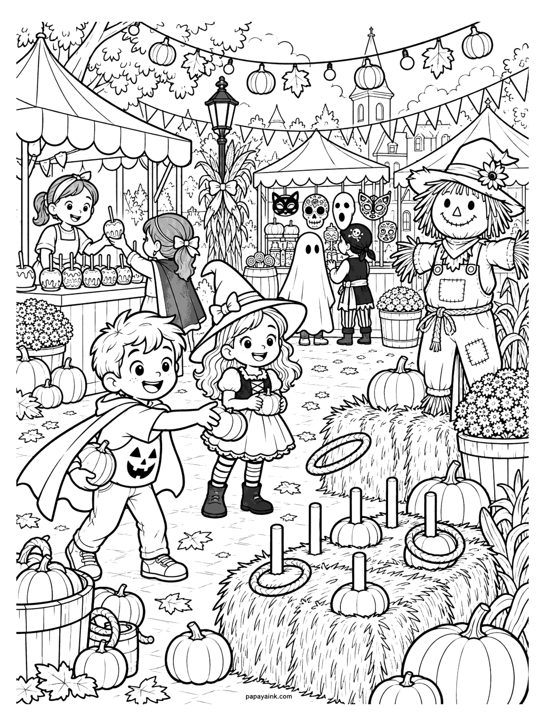 Halloween Coloring Pages - Kids in costumes play ring toss on hay bales at a town fall festival with a caramel apple stand, a mask booth, string lights and a big friendly scarecrow. Detailed