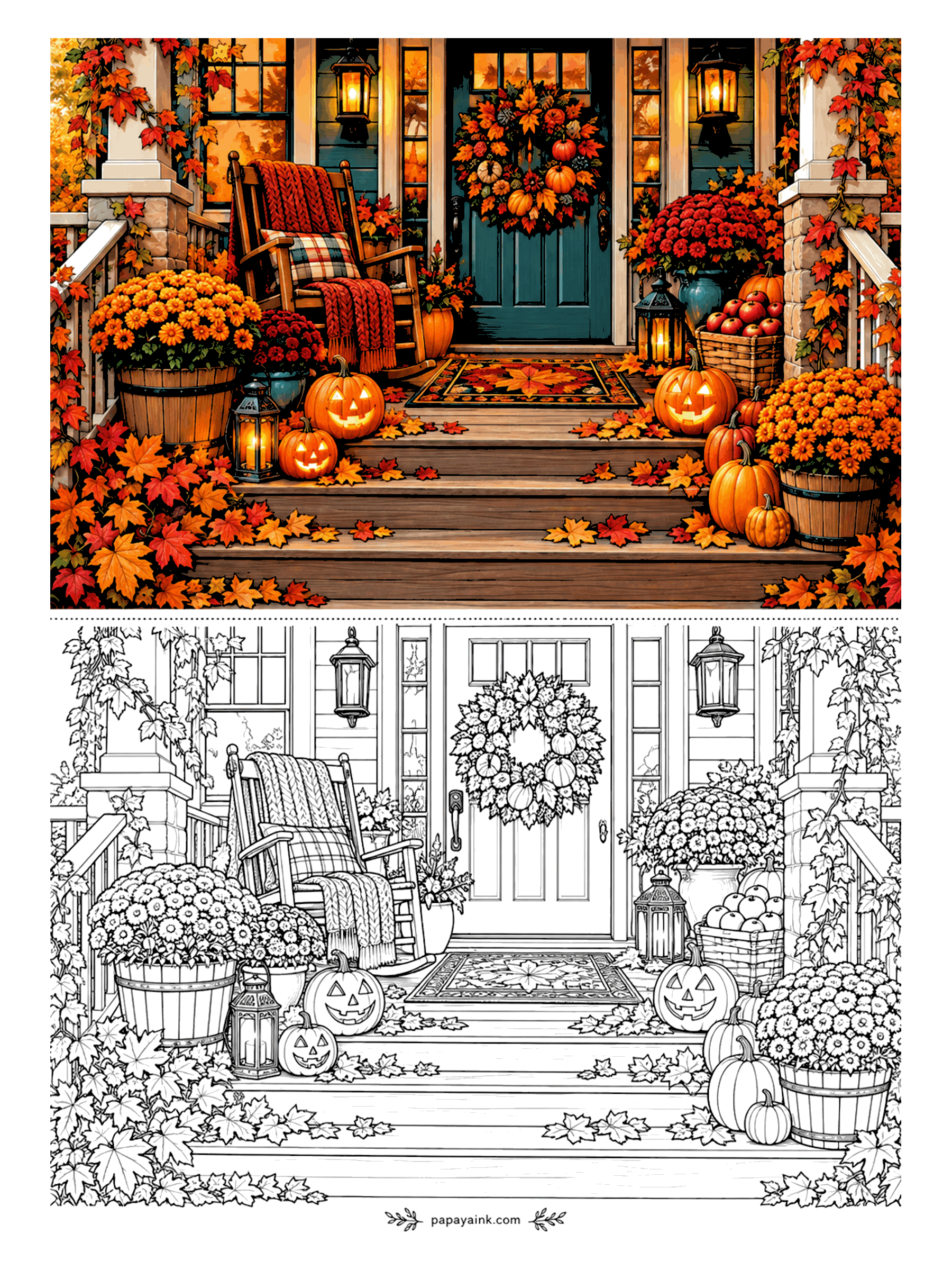 Halloween Coloring Pages for Adults - Rocking chair, wreath on the door, barrels of mums and jack-o'-lanterns on the steps: the classic Halloween front porch, drowning in fallen maple leaves. A good page for a limited palette of teal, orange, rust and cream.