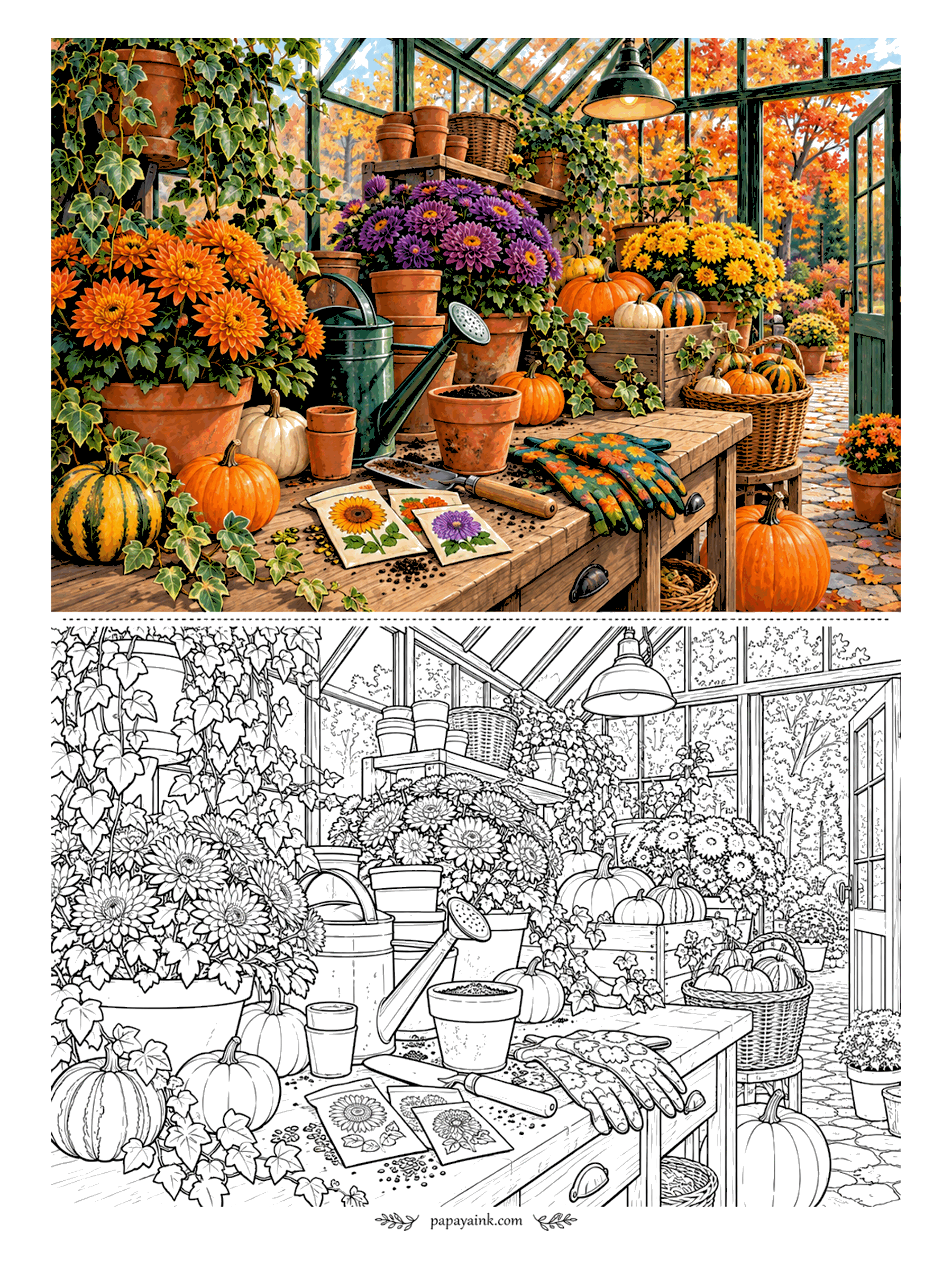 Halloween Coloring Pages for Adults - Potting bench in a greenhouse: terracotta pots, a watering can, seed packets, gloves and pumpkins among the chrysanthemums, autumn trees through the glass. Orange, purple and yellow mums set the palette.