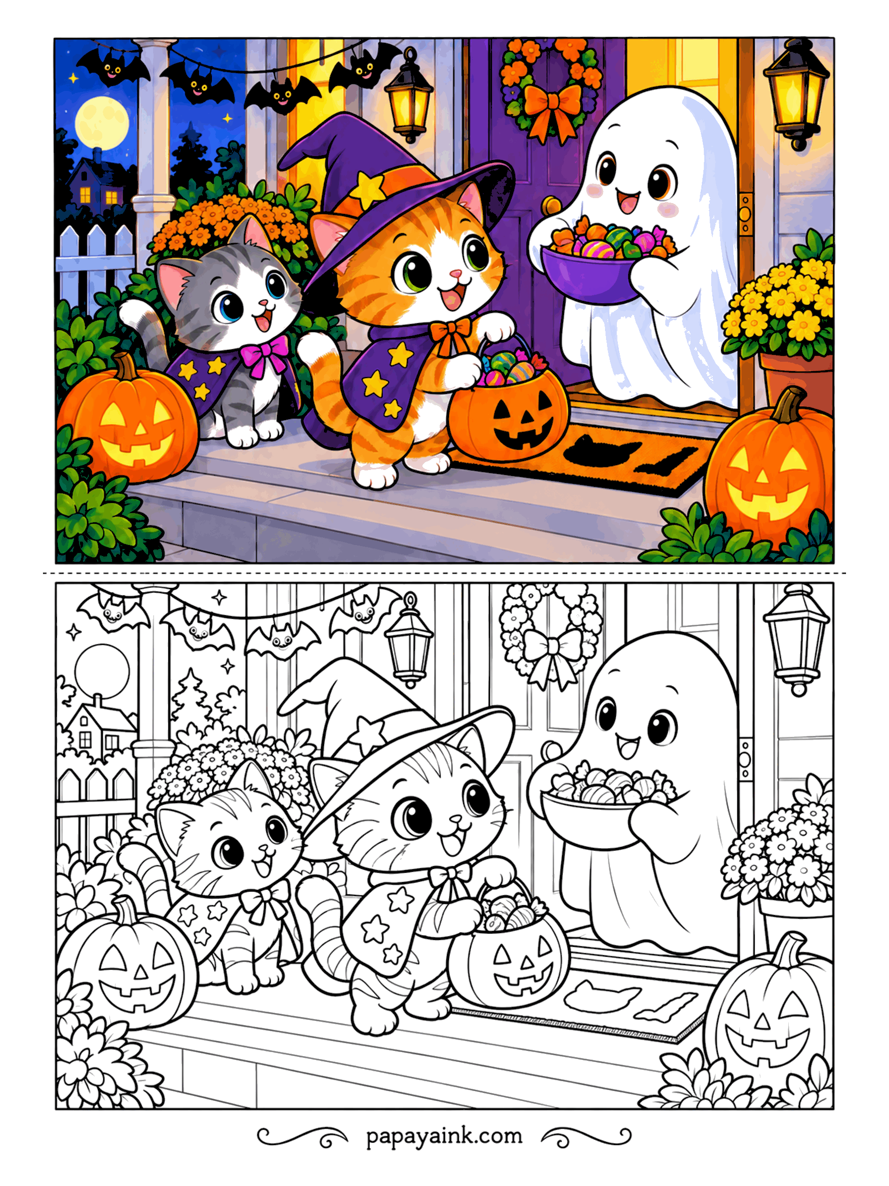 Halloween Cat Coloring Pages - Trick-or-treat at the ghost's house. The tabby in the star cape holds up a pumpkin bucket, the gray kitten waits her turn, and the ghost at the door brings out a whole bowl. Bats on the porch string, jack-o-lanterns on every step.