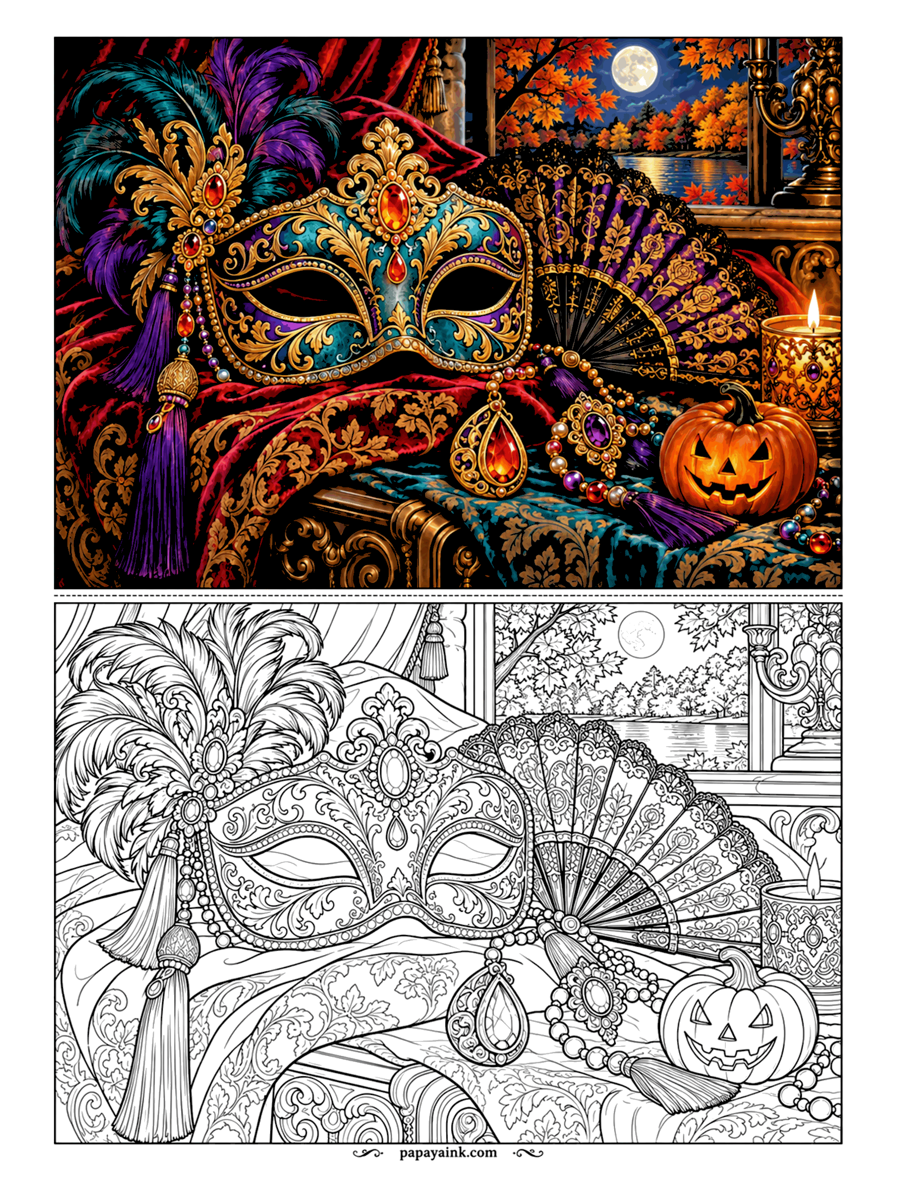 Halloween Coloring Pages for Adults - Jeweled mask, lace fan and a rope of beads on red velvet, with a full moon over the lake in the window. One small pumpkin keeps it Halloween. Peacock blues against the red, gold for the filigree. Detailed.