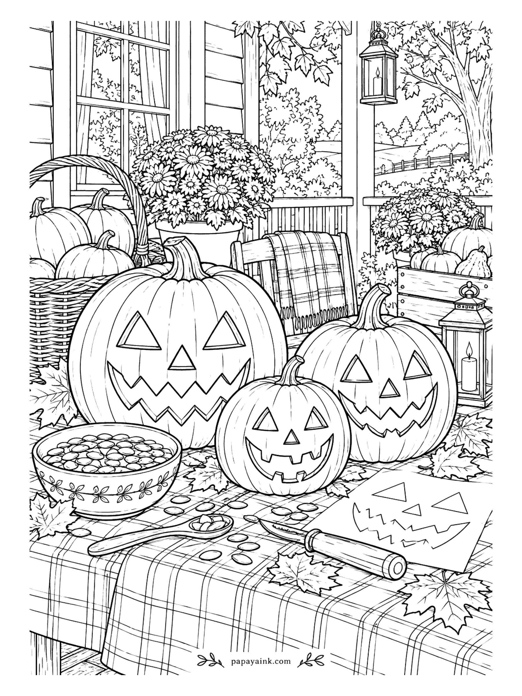 Halloween Coloring Pages for Adults - Carving day on the porch: three finished faces, a bowl of seeds with a spoon, a knife and a paper template on the checked cloth, a basket of pumpkins waiting their turn. Simple shapes, generous sizes - a relaxed page.