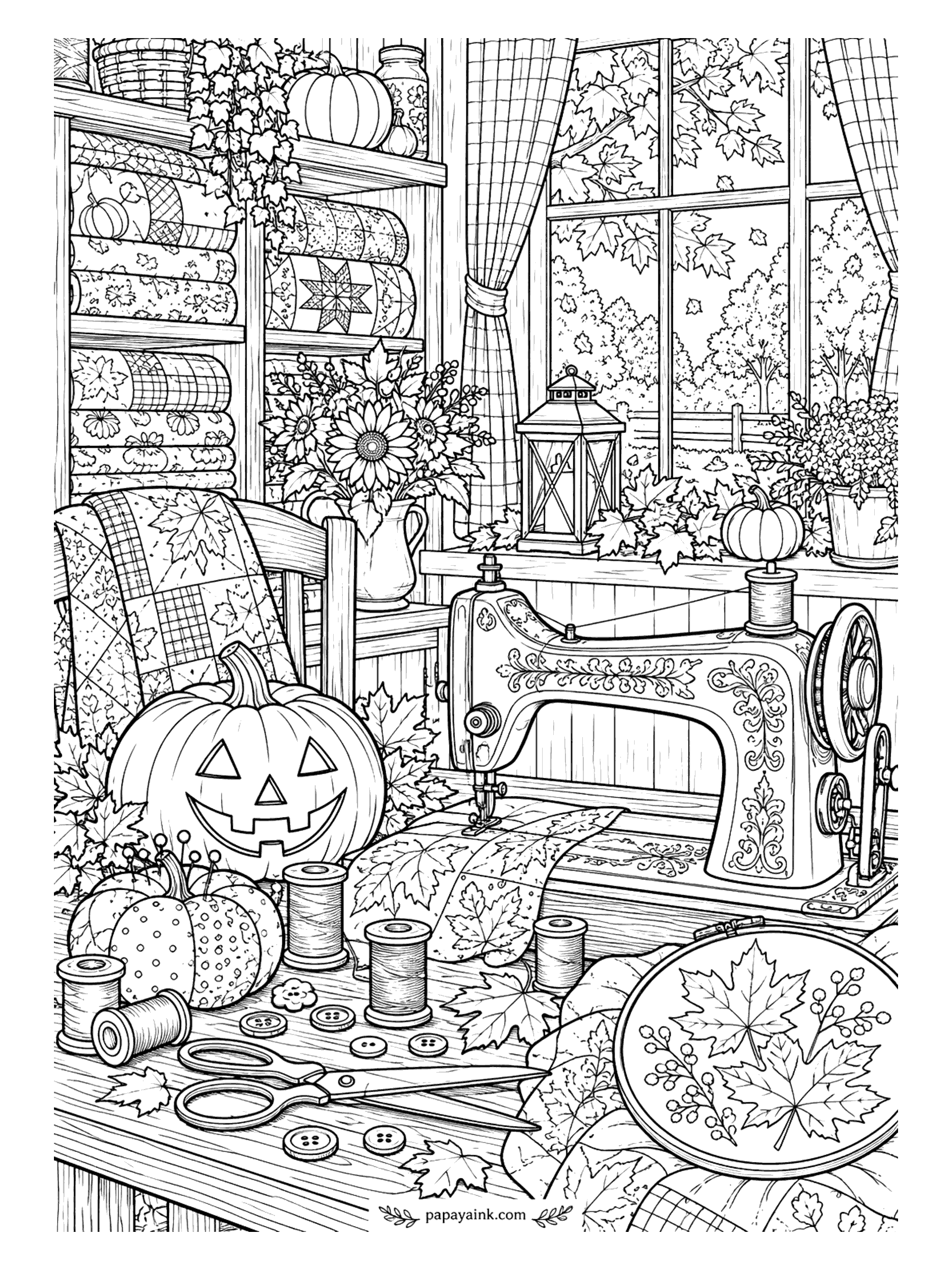 Halloween Coloring Pages for Adults - Bolts of fabric on the shelves, a quilt over the chair, an ornate sewing machine and an embroidery hoop with maple leaves half stitched. The jack-o'-lantern on the desk is clearly supervising. Give the fabrics on the shelves a different print each.