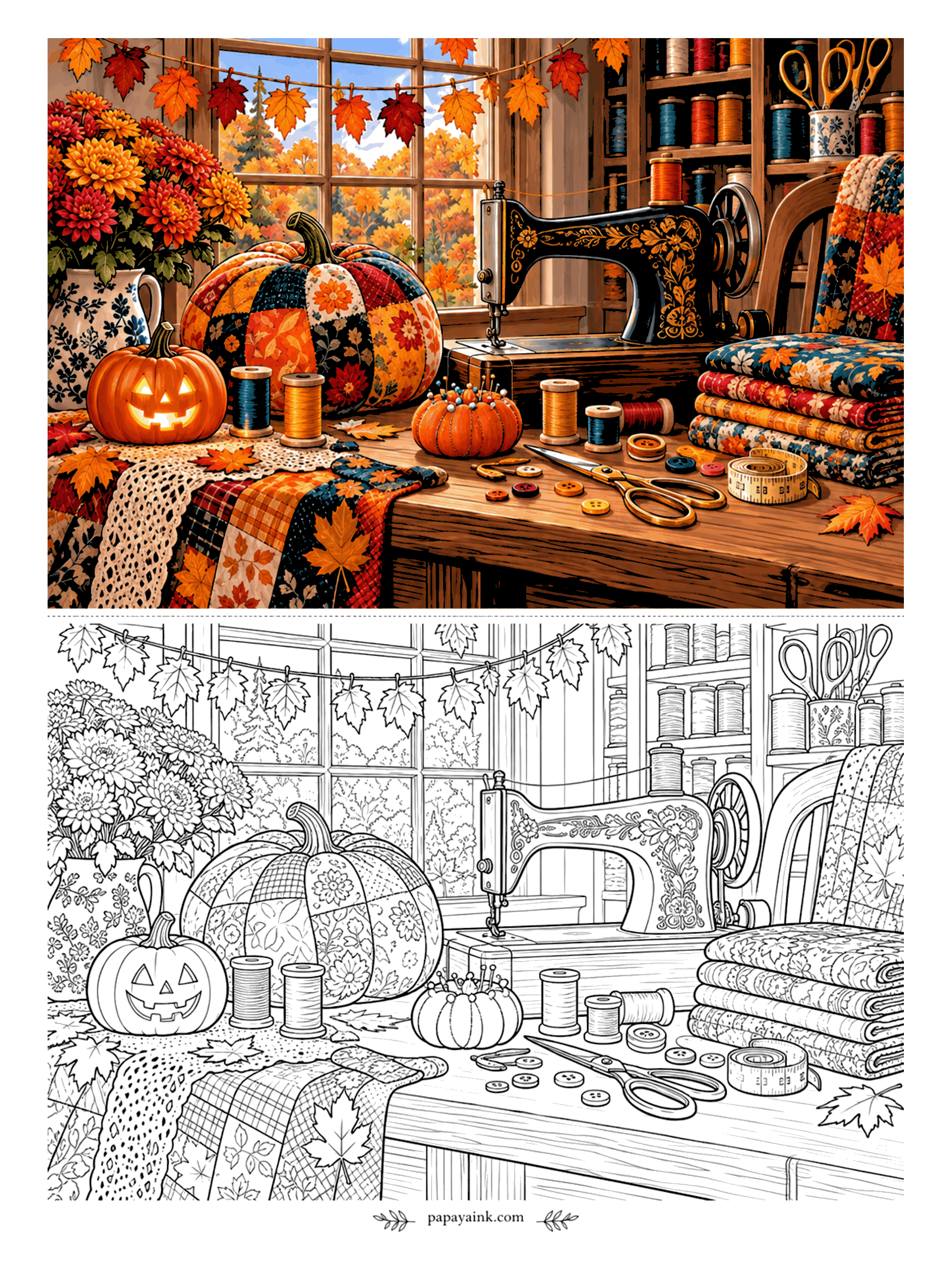 Halloween Coloring Pages for Adults - Someone is sewing a pumpkin. The patchwork pincushion sits by a vintage sewing machine among folded quilts, spools and a jack-o'-lantern on the lace runner, maple leaves strung overhead. Give every quilt square its own print.