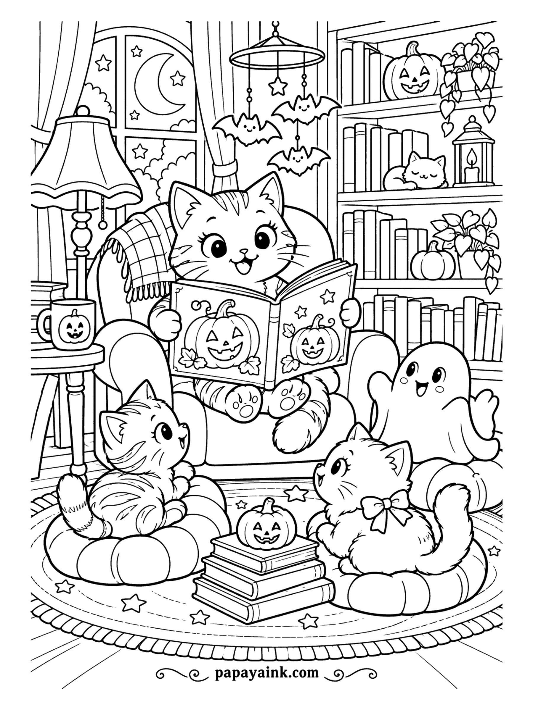 Halloween Cat Coloring Pages - Storytime in the armchair. The big cat reads a pumpkin picture book out loud, two kittens listen from their cushions and a ghost listens from the floor, under a mobile of paper bats. Lamp, books, a sleeping cat on the shelf. Try warm lamplight colors.
