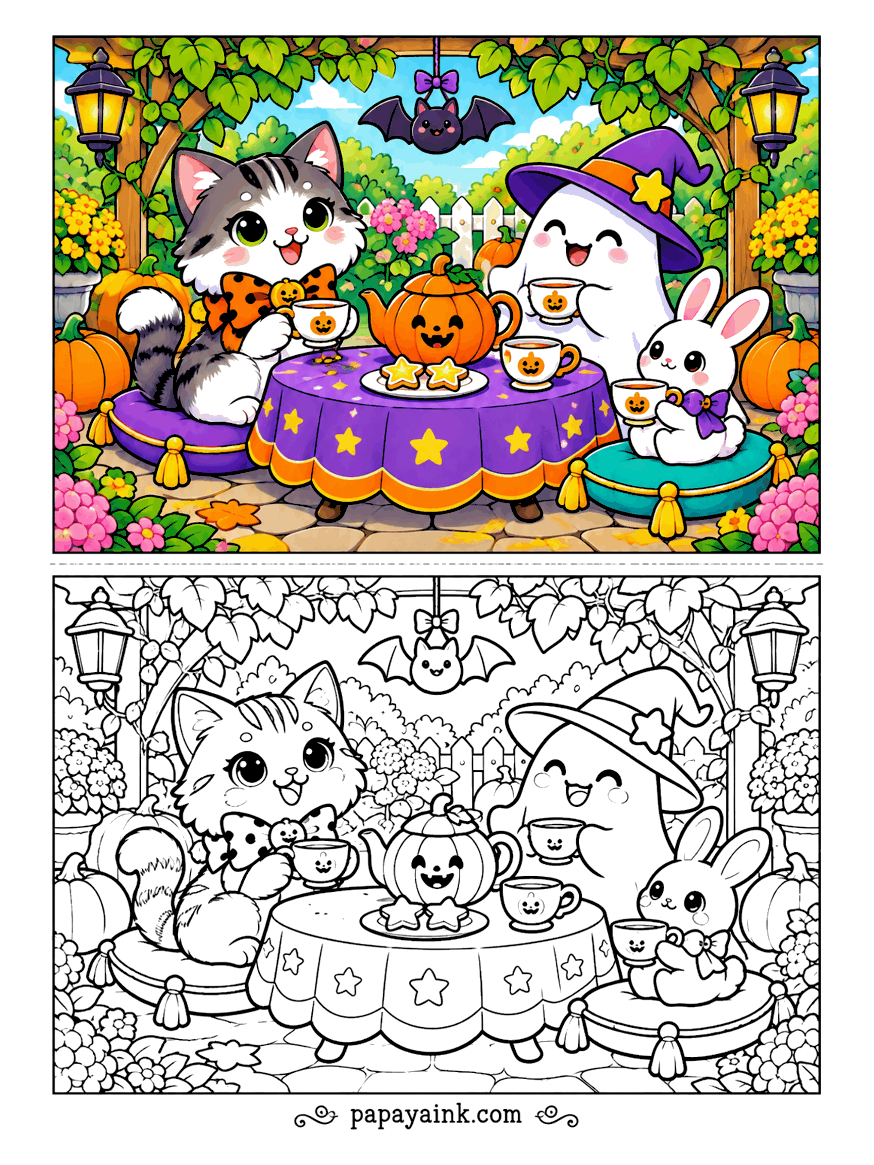 Halloween Cat Coloring Pages - Tea for three under the arbor: a tabby with a pumpkin cup, a ghost in a star witch hat, and a bunny on a teal cushion. A pumpkin teapot on the star tablecloth, and one bat hanging upside down from the vine to watch. Detailed.