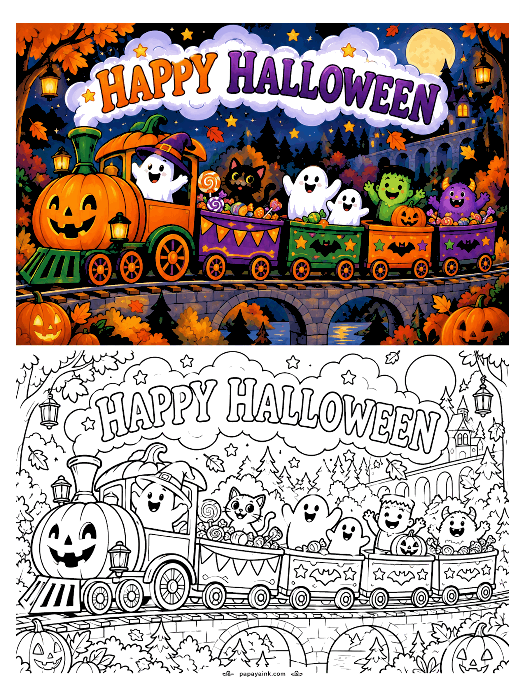 Halloween Coloring Pages - A pumpkin locomotive pulls cars full of ghosts, a black cat and friendly monsters across a stone bridge under a starry sky. Detailed