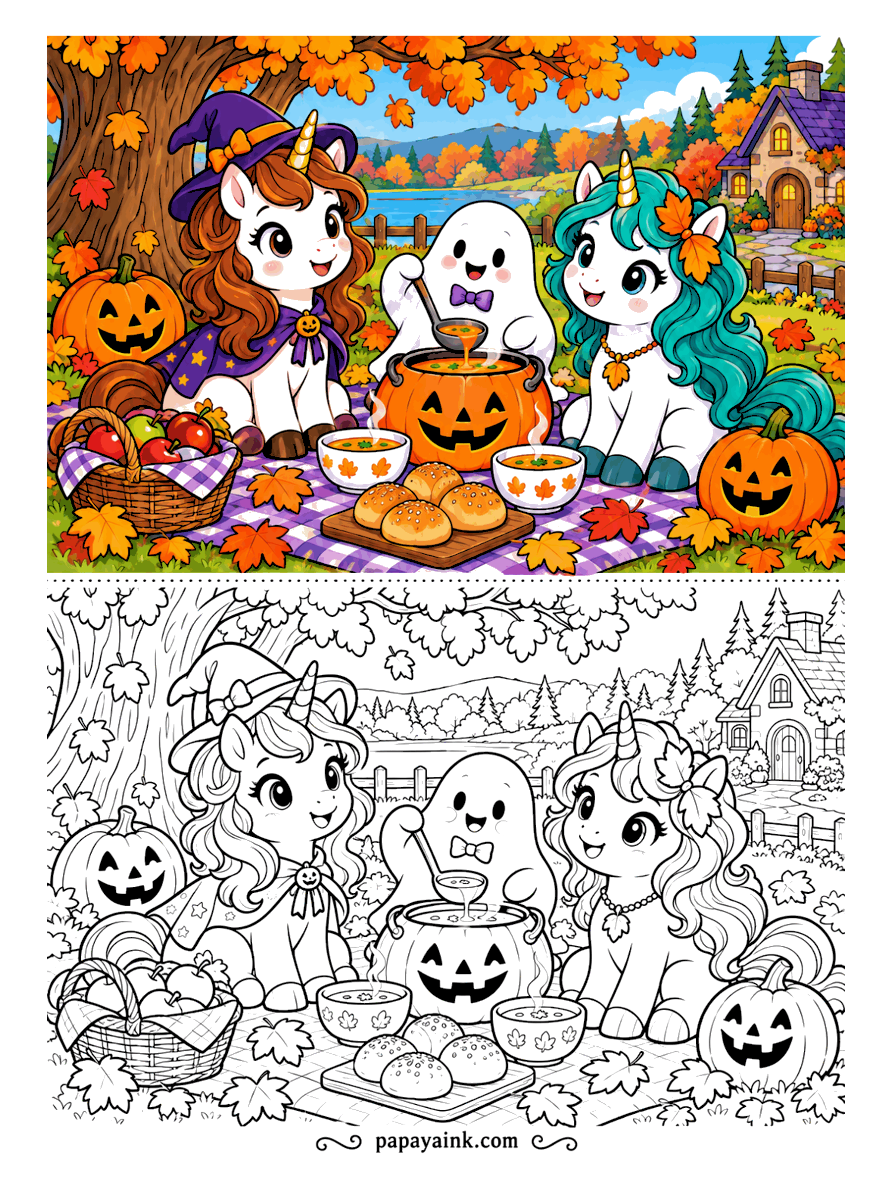 Halloween Unicorn Coloring Pages - Pumpkin soup for everyone. A ghost in a bow tie ladles it out of a jack-o-lantern pot; two unicorns wait with bowls, and there are apples and warm rolls on the blanket. Detailed - autumn trees, a lake and a cottage behind.