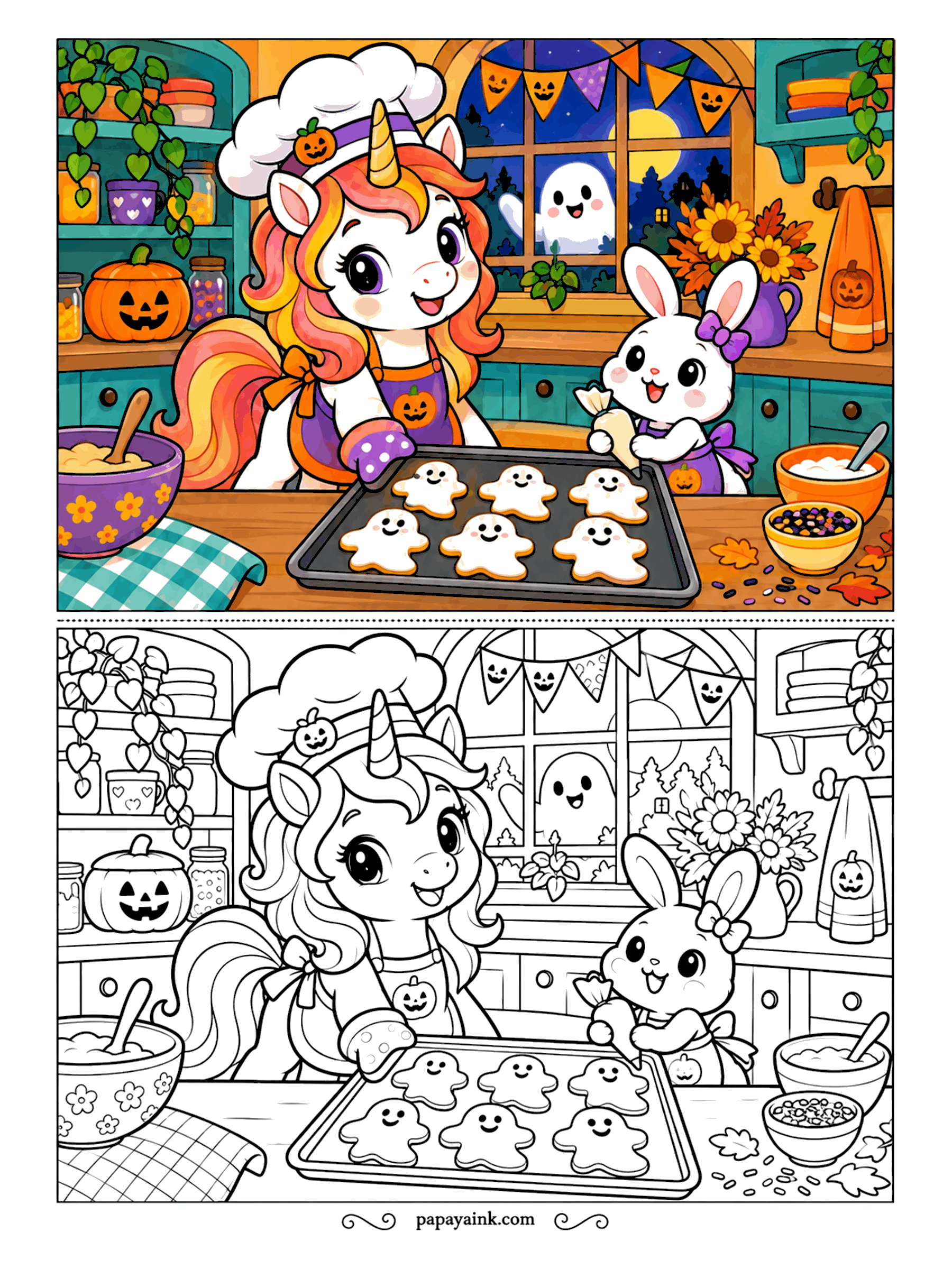 Halloween Unicorn Coloring Pages - Ghost cookies, fresh from the oven. A unicorn in a chef's hat holds the tray while a bunny pipes the icing and a real ghost peeks through the kitchen window to check on progress. A tidy kitchen page with jars, bowls and bunting.