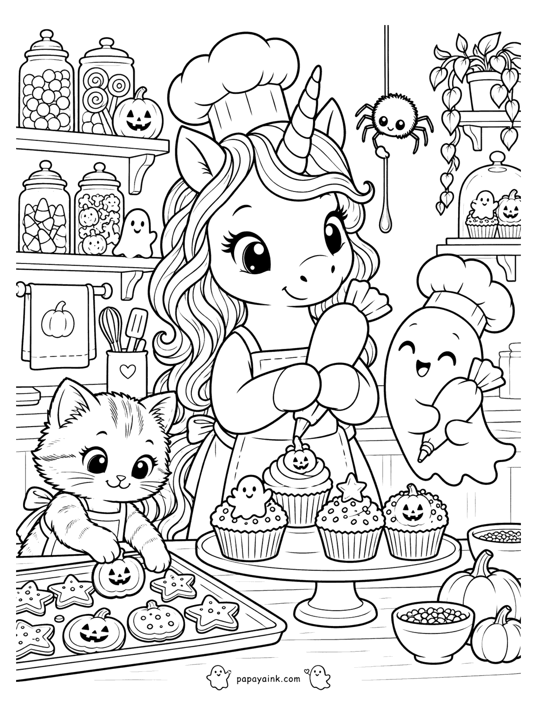 Halloween Unicorn Coloring Pages - Unicorn chef decorating Halloween cupcakes with a ghost helper while a kitten arranges pumpkin cookies on a tray. Detailed.