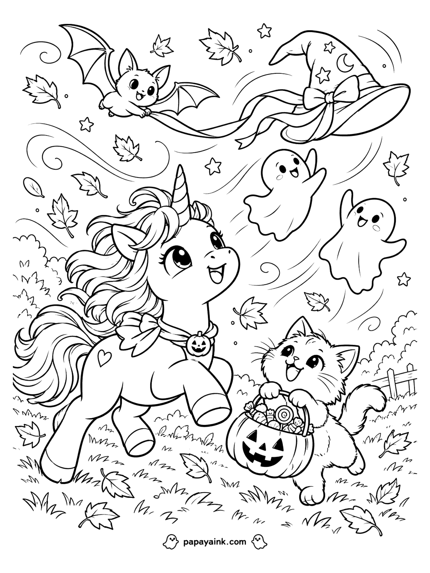 Halloween Unicorn Coloring Pages - Playful unicorn and kitten chasing a witch hat carried off by a bat on a windy fall day full of swirling leaves.