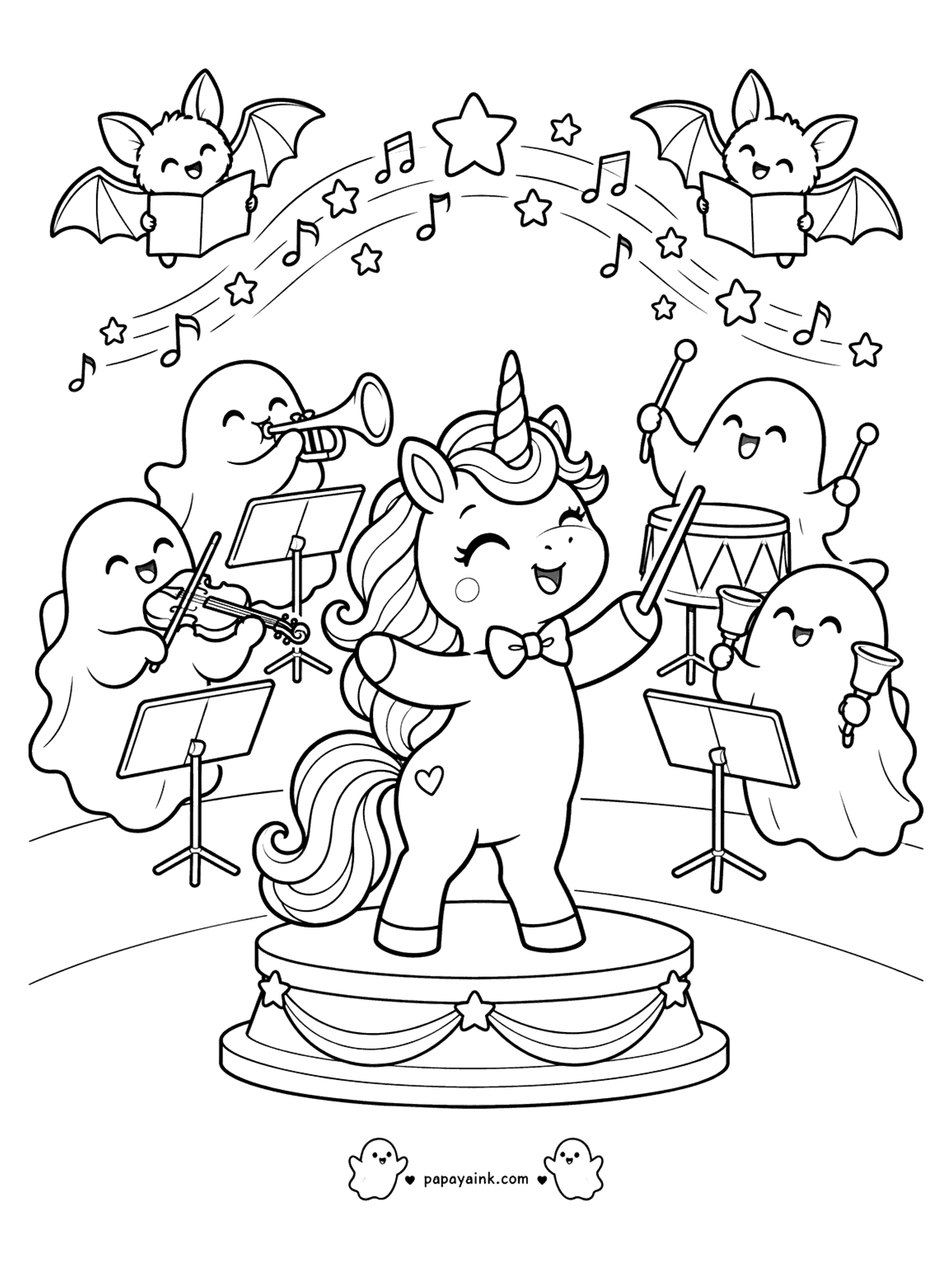 Halloween Unicorn Coloring Pages - Unicorn conductor leading a ghost orchestra with a trumpet, violin, drum and bells while bats sing along. Easy, open shapes.