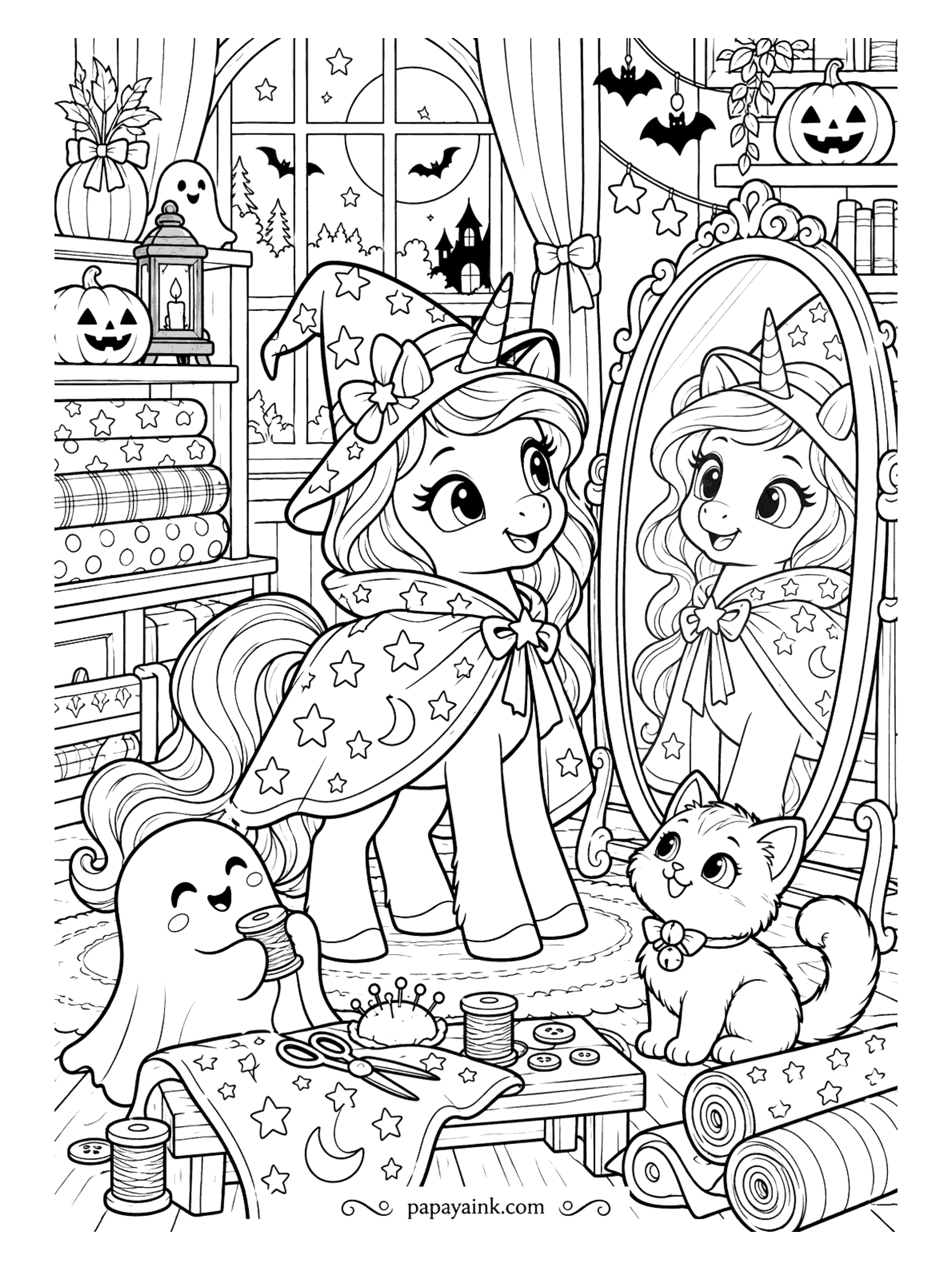 Halloween Unicorn Coloring Pages - Last fitting before the big night. The unicorn checks her starry cape and witch hat in the oval mirror, a ghost holds the thread, and a kitten supervises from the floor. Fabric bolts, scissors and a pincushion fill the tailor's bench.