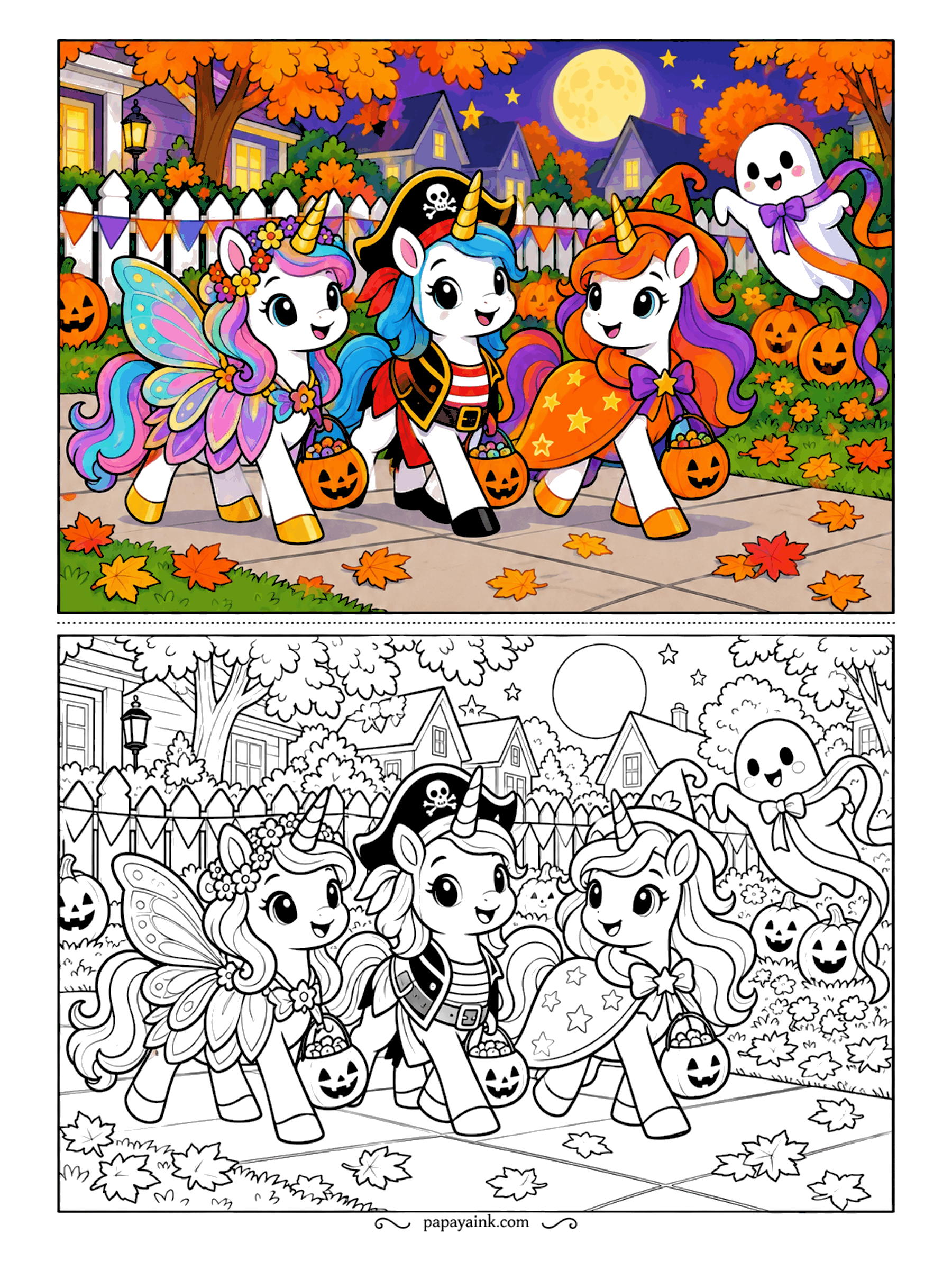 Halloween Unicorn Coloring Pages - Fairy wings, a pirate hat, a star-covered cape: three unicorns in costume parade down the sidewalk with their candy buckets. A ghost in a bow trails behind and pumpkins line the fence. Each costume deserves its own palette.