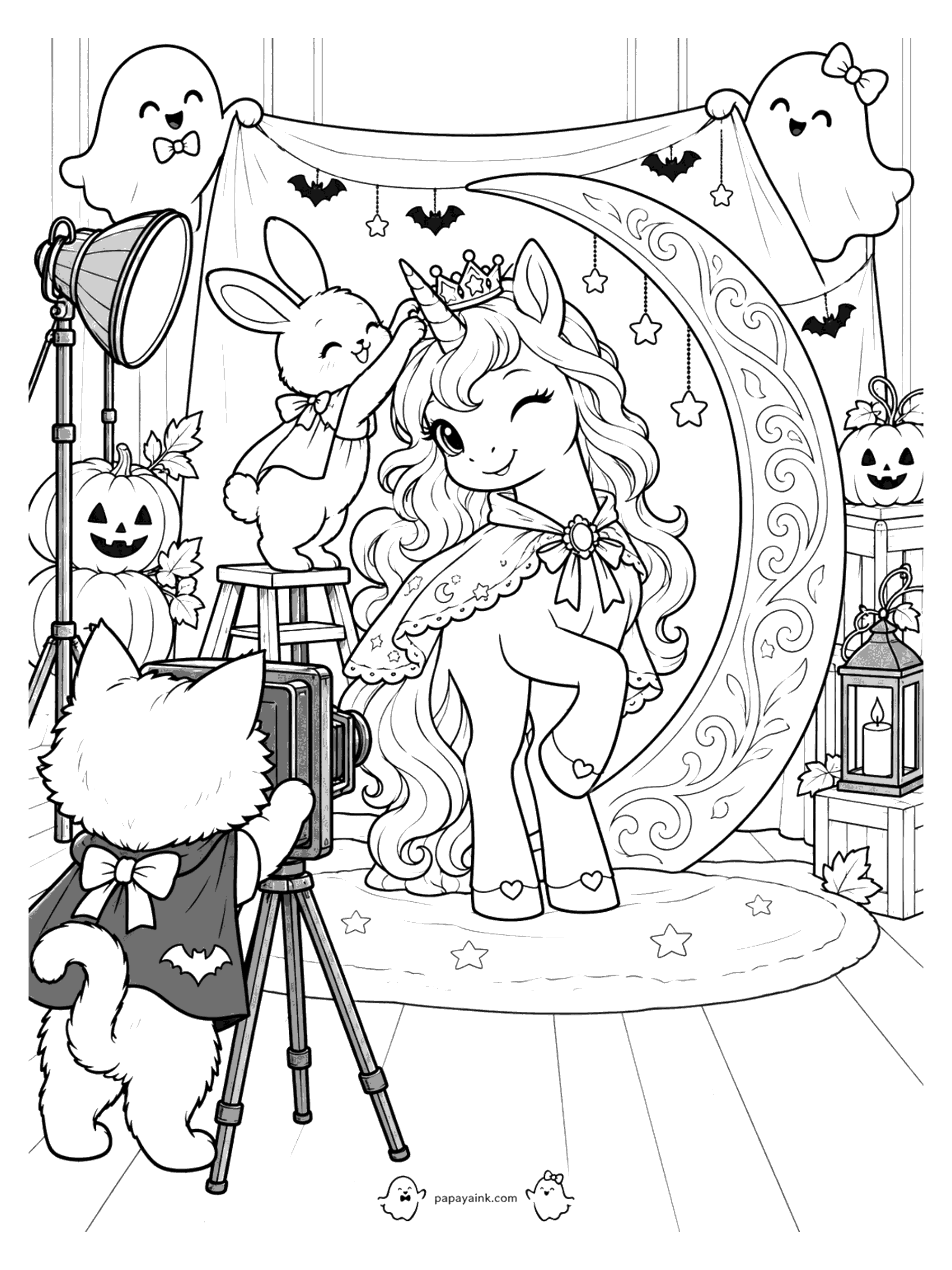 Halloween Unicorn Coloring Pages - Unicorn princess posing by a giant crescent moon for a Halloween photo shoot, with a kitten photographer and a bunny fixing her crown. Detailed.