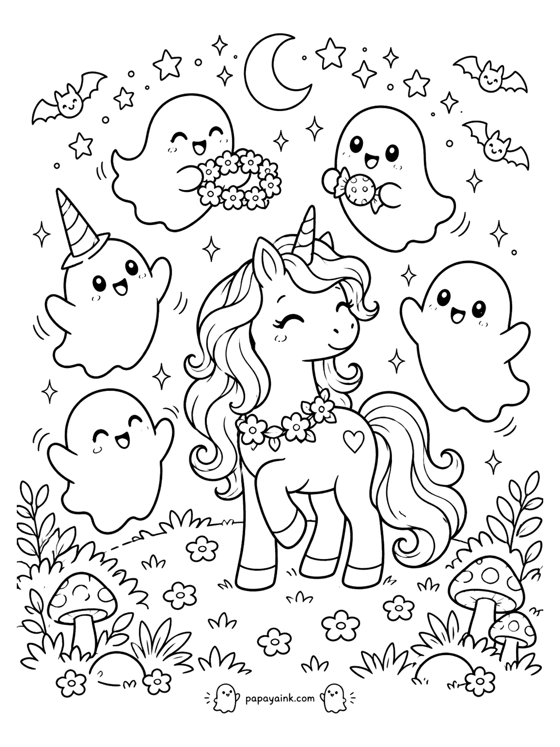 Halloween Unicorn Coloring Pages - Happy unicorn dancing in a moonlit meadow surrounded by smiling ghosts, bats, stars and mushrooms. Easy, open shapes.