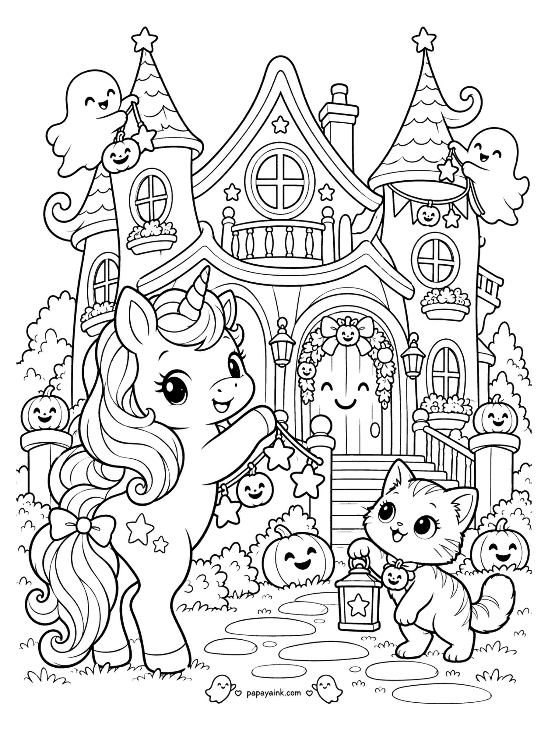 Halloween Unicorn Coloring Pages - Unicorn and kitten hanging a pumpkin garland in front of a sweet haunted house with smiling pumpkins and ghosts on the towers. Detailed.