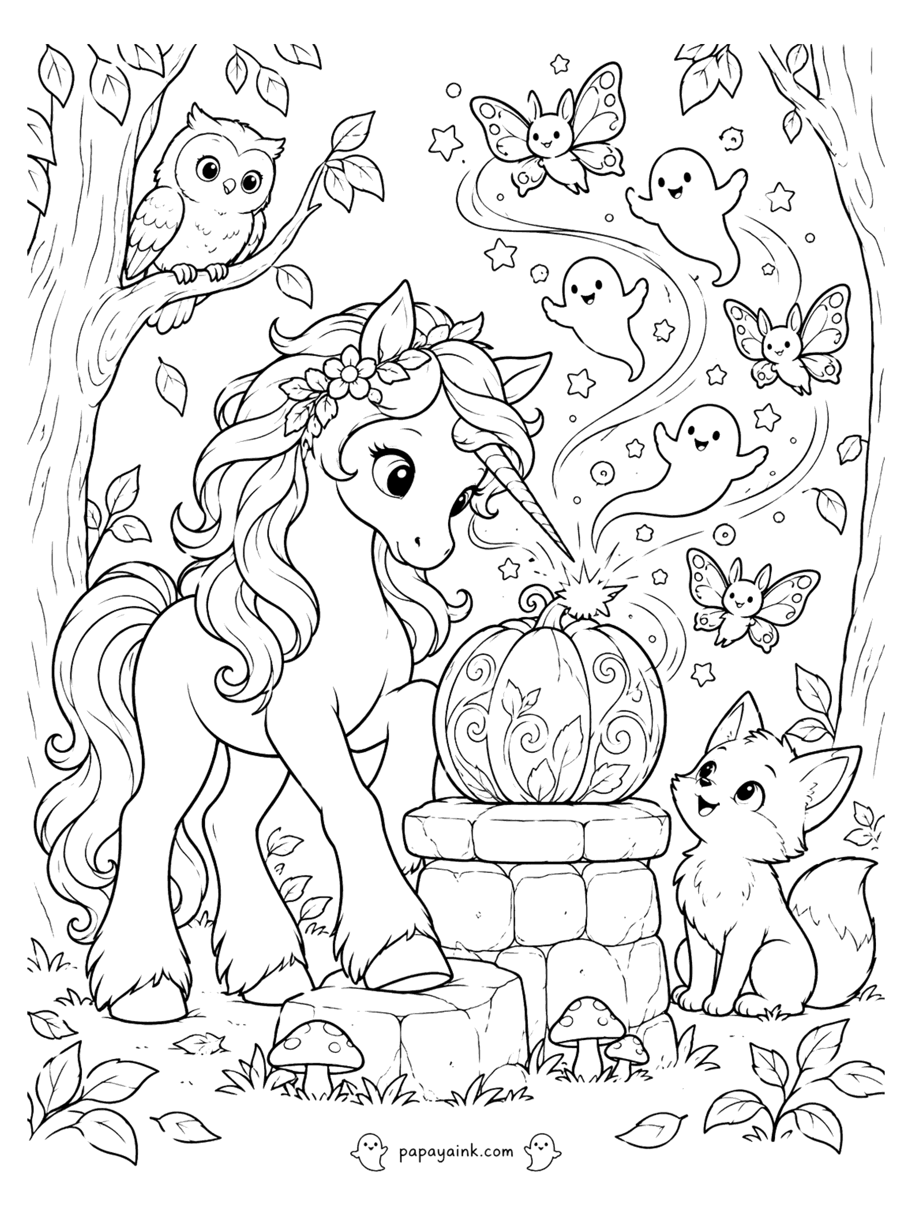 Halloween Unicorn Coloring Pages - Forest unicorn touching her horn to a magic pumpkin as ghosts, stars and butterflies swirl up, watched by a fox cub and an owl. Detailed.