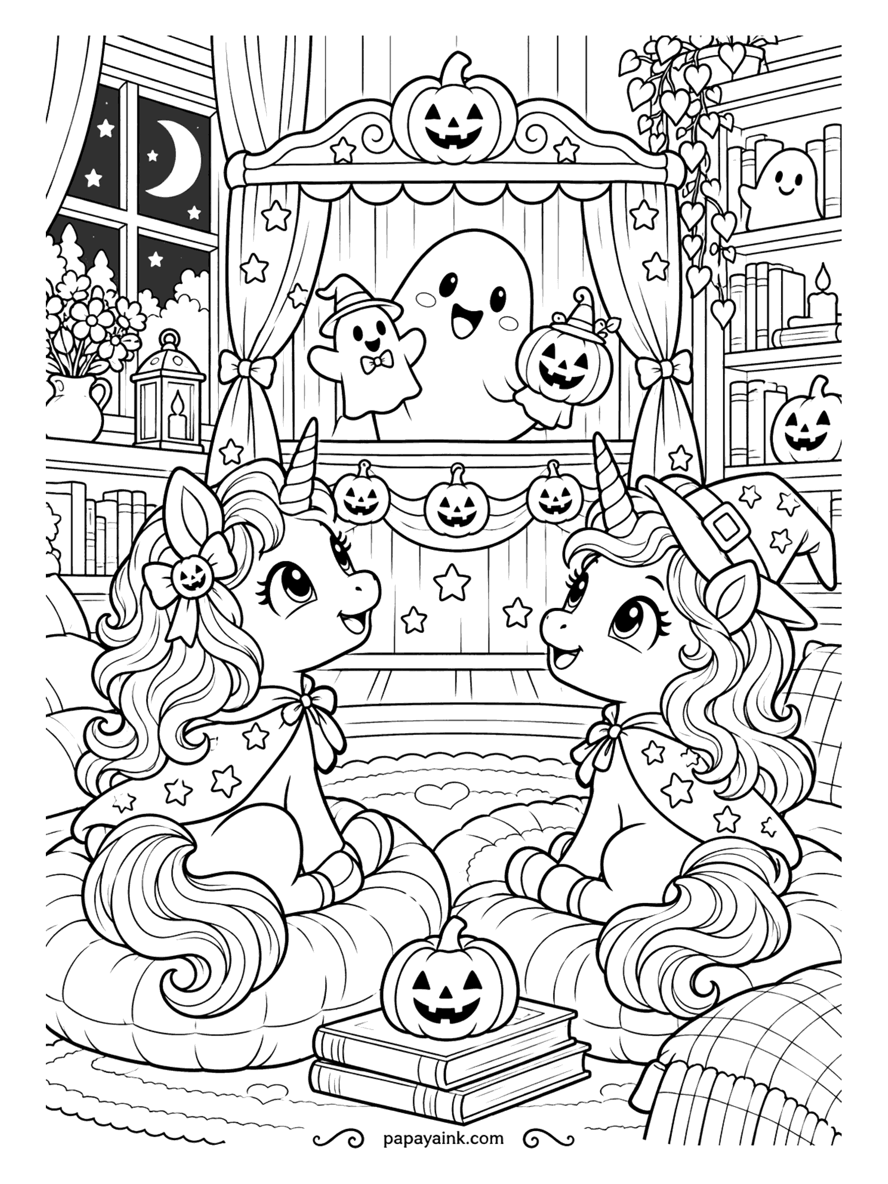 Halloween Unicorn Coloring Pages - Curtain up at the puppet theater. Ghost puppets take the stage with a jack-o-lantern on a stick, and two unicorns on floor cushions are the whole audience. Pumpkin bunting, a crescent moon in the window, and wide open curtains to color.
