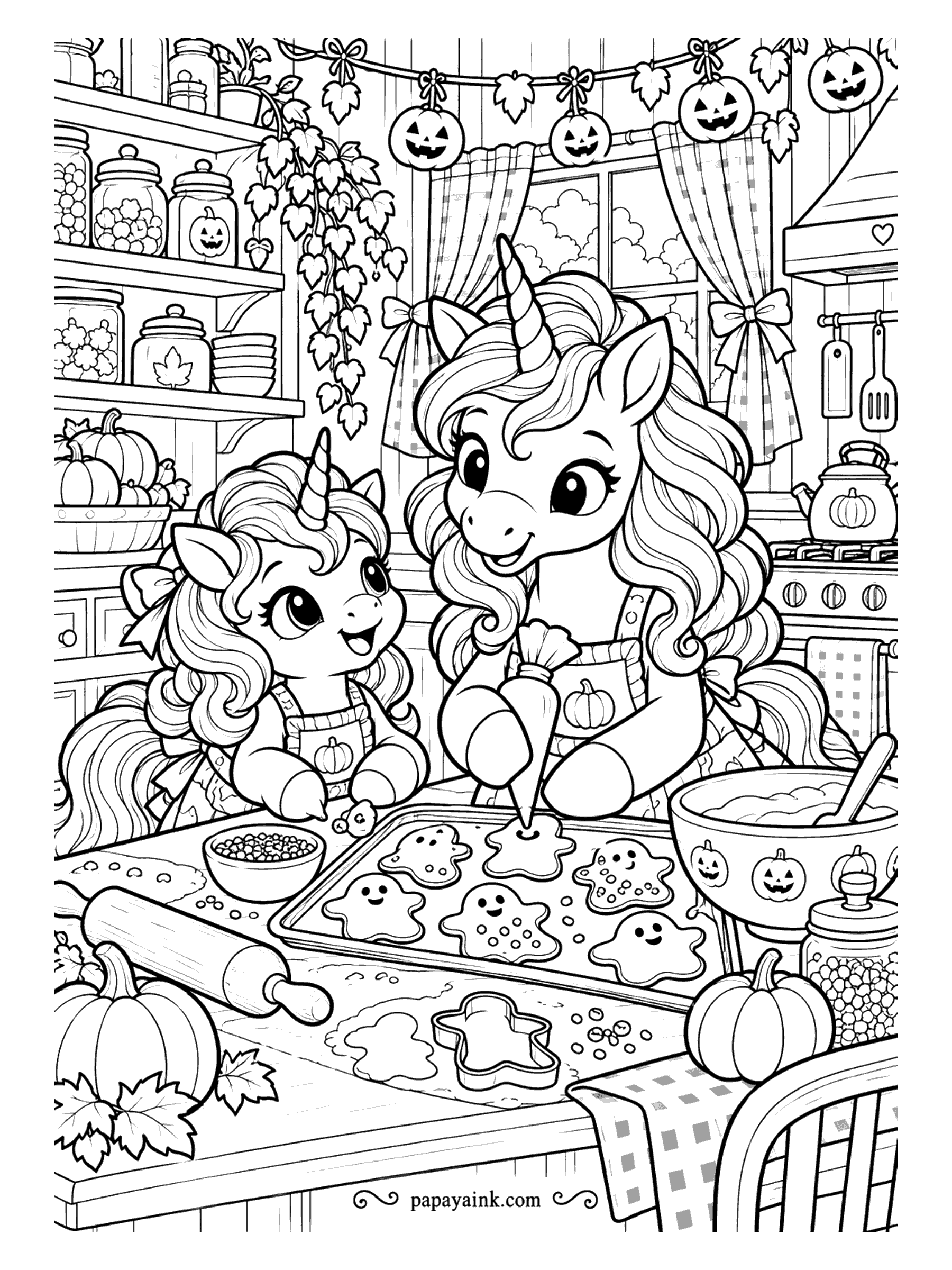 Halloween Unicorn Coloring Pages - Faces go on last. A unicorn in an apron pipes smiles onto ghost cookies, the filly beside her stirs the next batch, and ghost cutters wait beside the rolling pin. Detailed - jars on every shelf, bunting and gingham curtains.