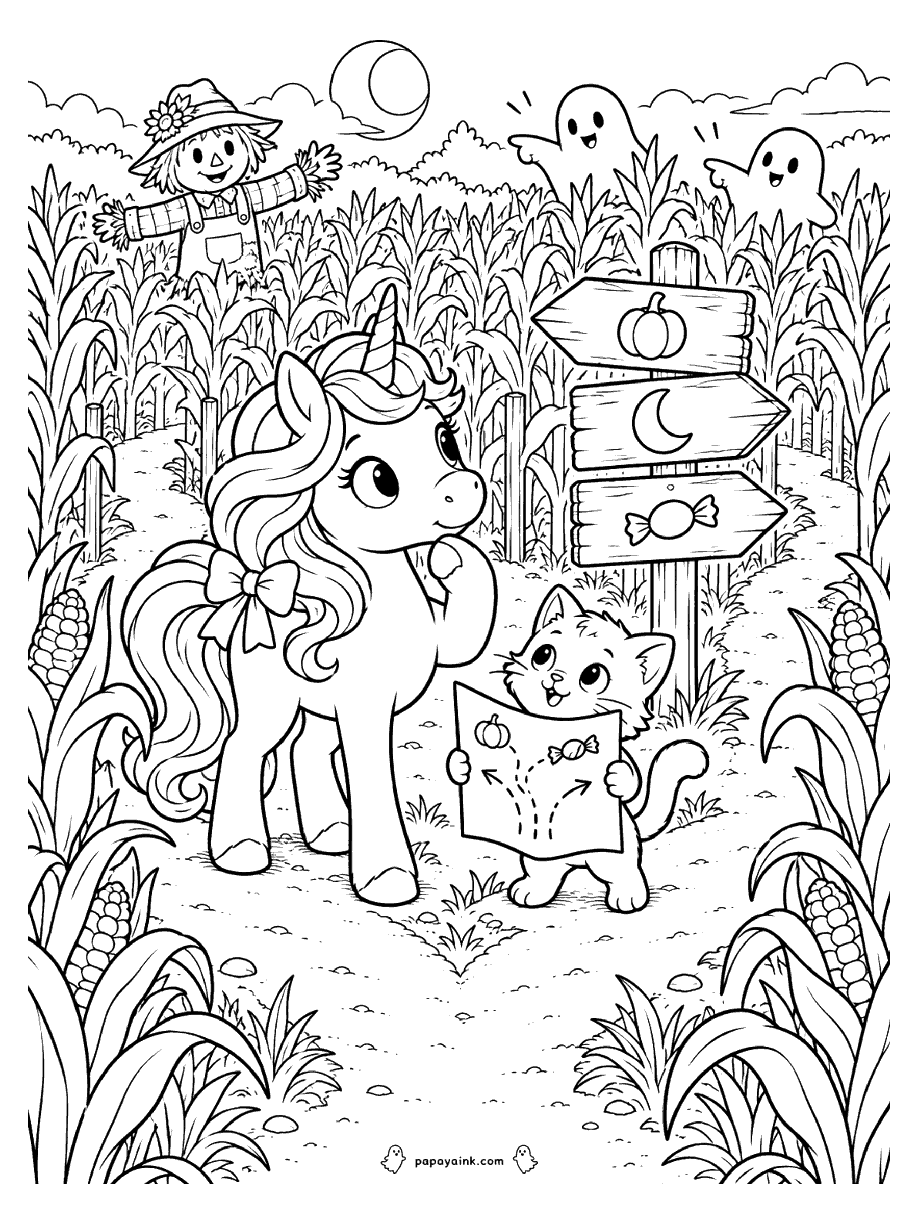 Halloween Unicorn Coloring Pages - Unicorn and kitten reading a map at a signpost in a corn maze, with a smiling scarecrow and two ghosts peeking over the corn. Detailed.
