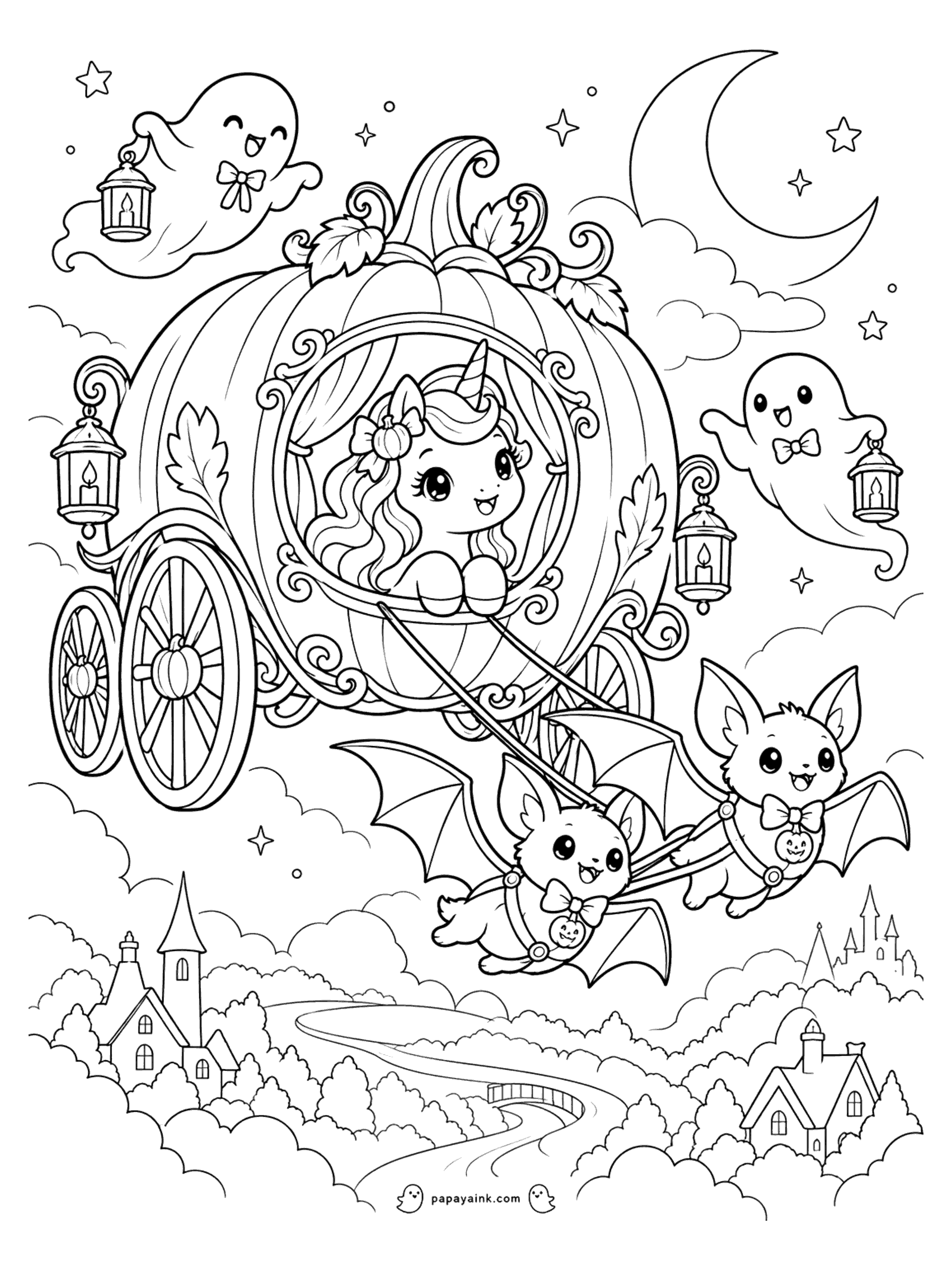 Halloween Unicorn Coloring Pages - Cute unicorn riding through the night sky in a pumpkin carriage pulled by two little bats, with lantern-carrying ghosts alongside. Detailed.