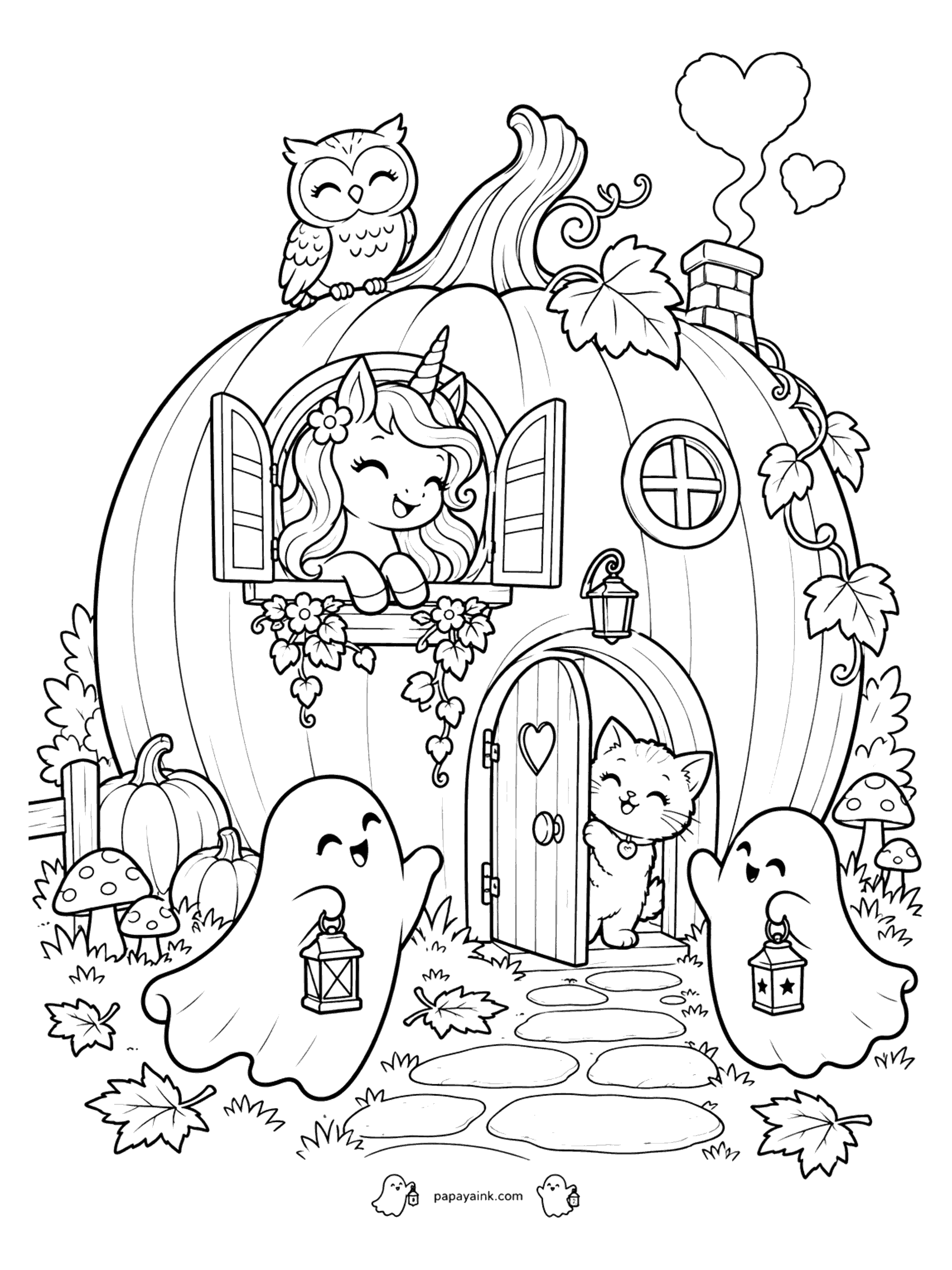 Halloween Unicorn Coloring Pages - Unicorn waving from the window of a pumpkin house as two ghosts with lanterns come to visit and a kitten opens the door.