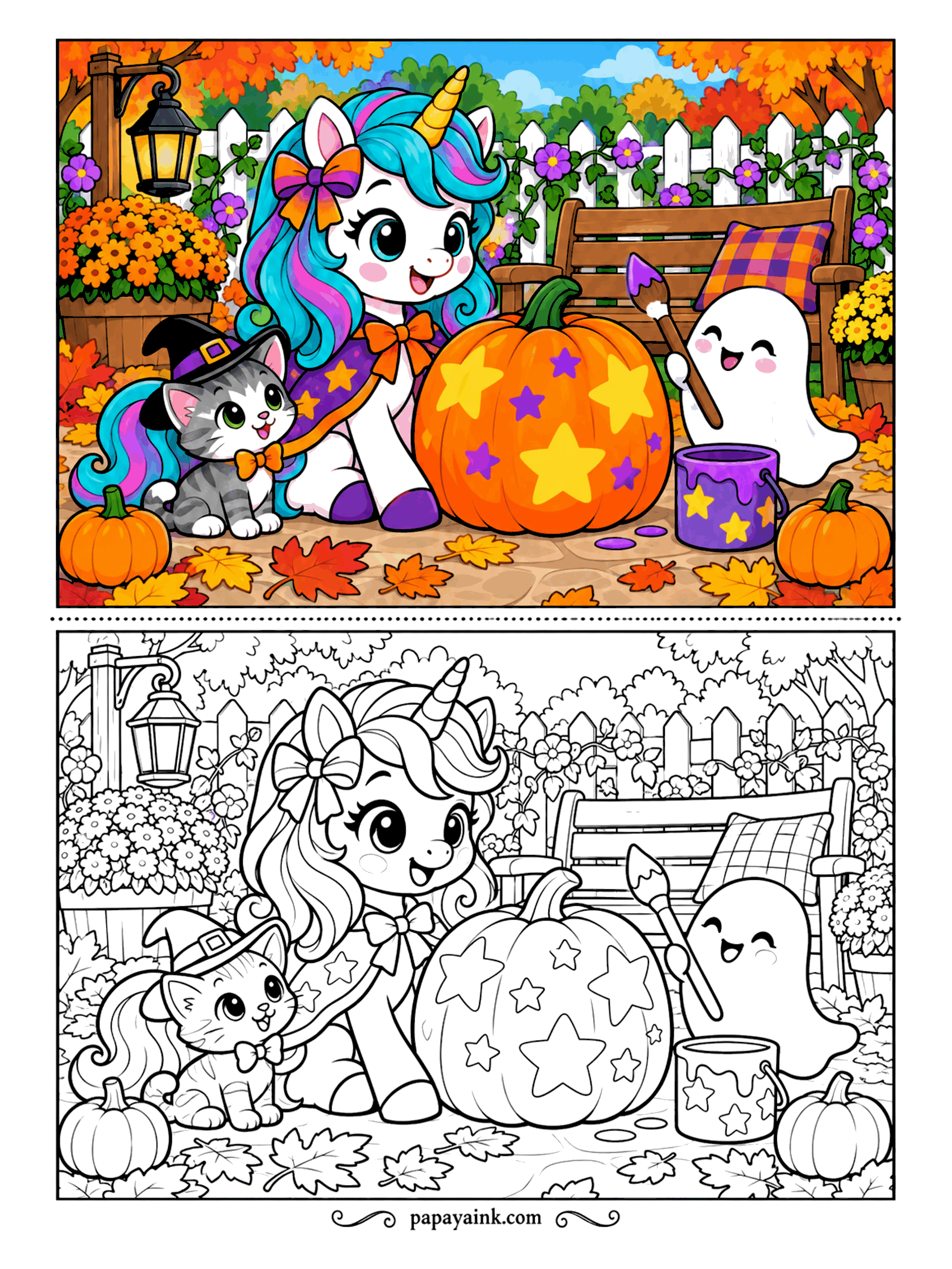 Halloween Unicorn Coloring Pages - Star stickers go on one at a time. A caped unicorn presses a purple star onto a giant pumpkin, a kitten in a pointed hat holds the next one, and a ghost stands by with the paintbrush. Garden bench and picket fence behind.