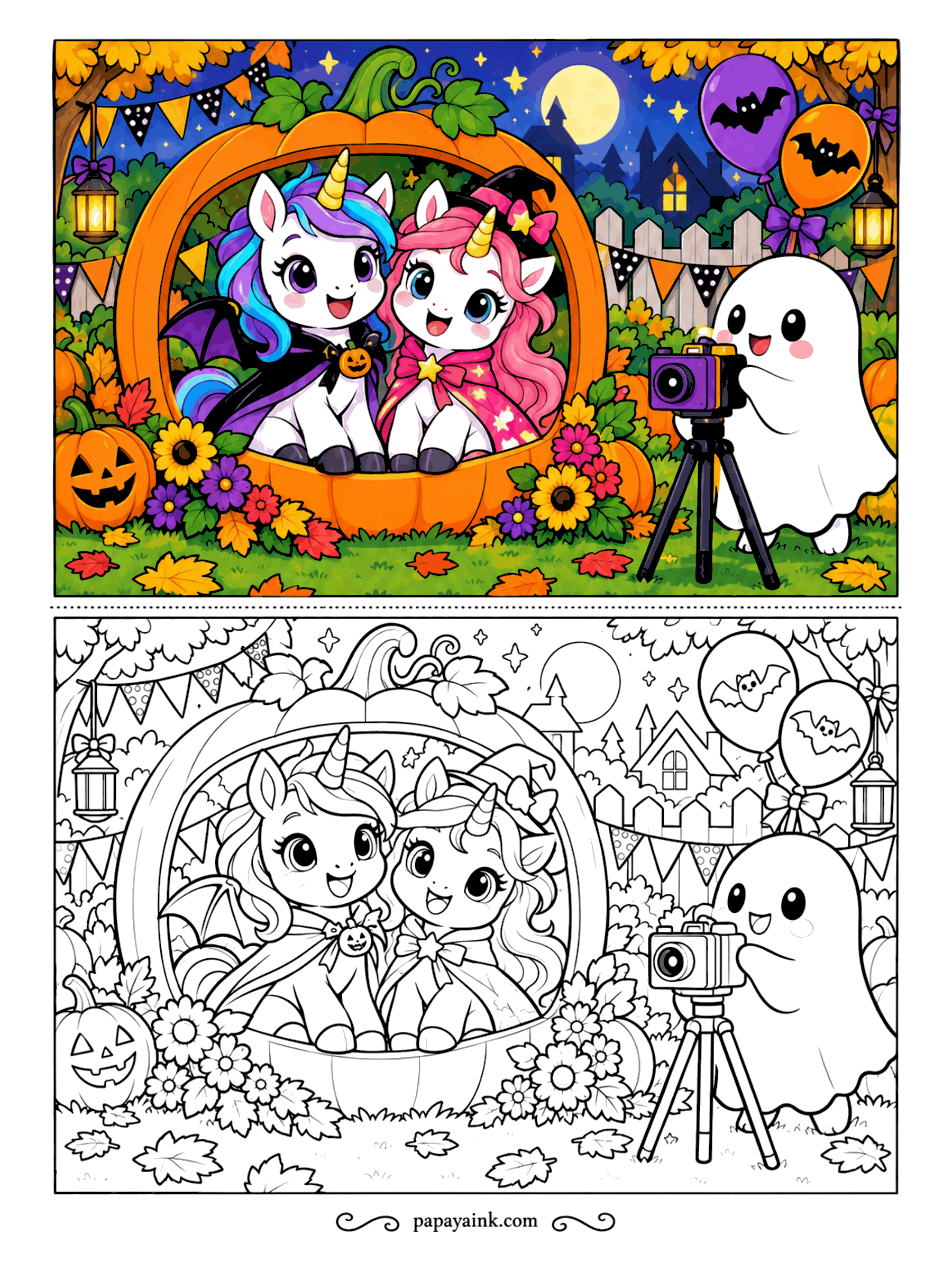 Halloween Unicorn Coloring Pages - Say cheese - or boo. A bat-winged unicorn and her friend in a witch hat squeeze into a pumpkin photo frame while a ghost works the camera on a tripod. Bats on the balloons, flowers at the base, a full moon above.