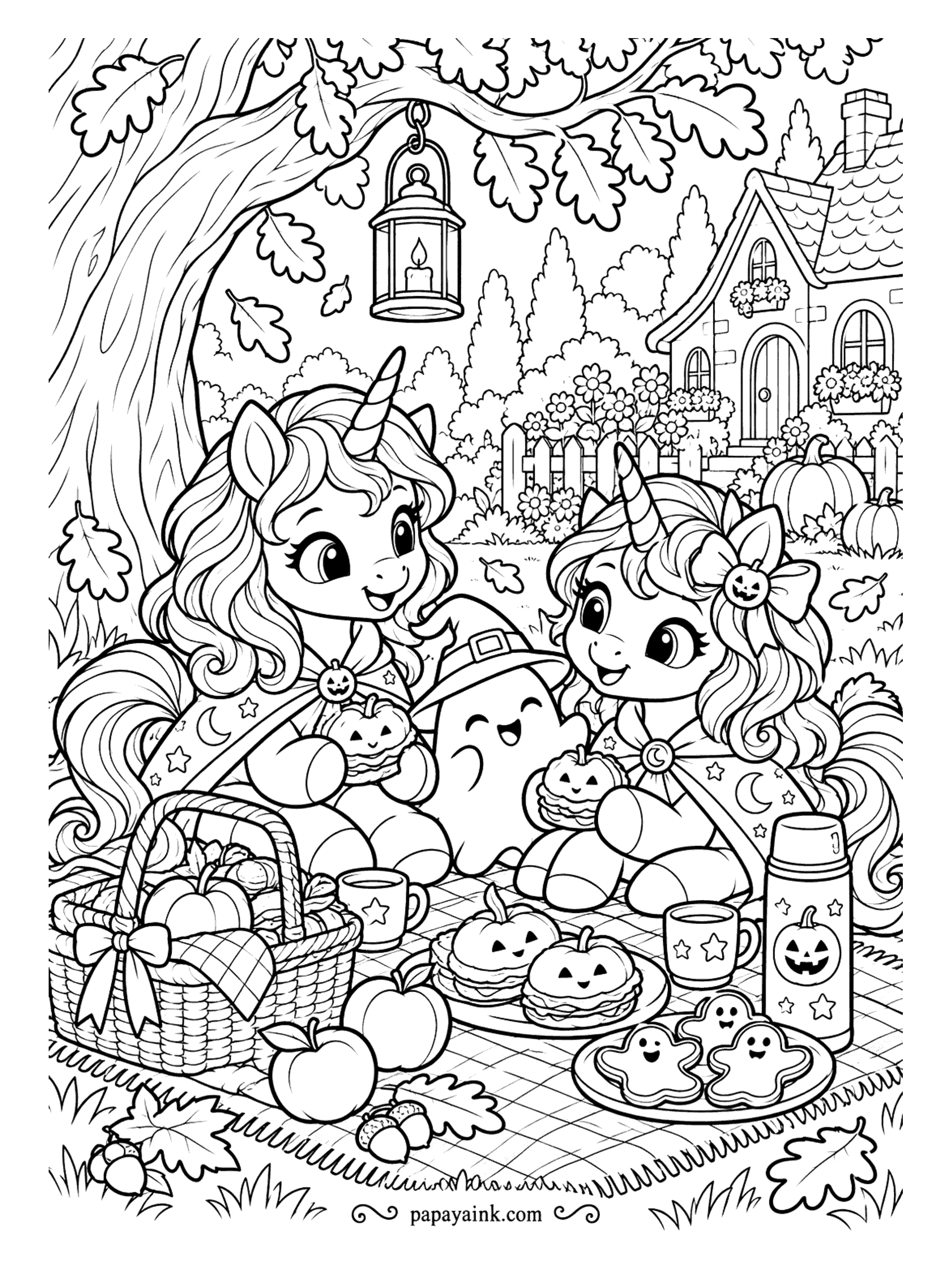 Halloween Unicorn Coloring Pages - A ghost has joined the picnic and brought nothing, and the two unicorns have forgiven it. Ghost cookies, a thermos and a jack-o-lantern cup sit on the blanket under the oak, a lantern hanging from the branch above. The cottage behind is quick to color.