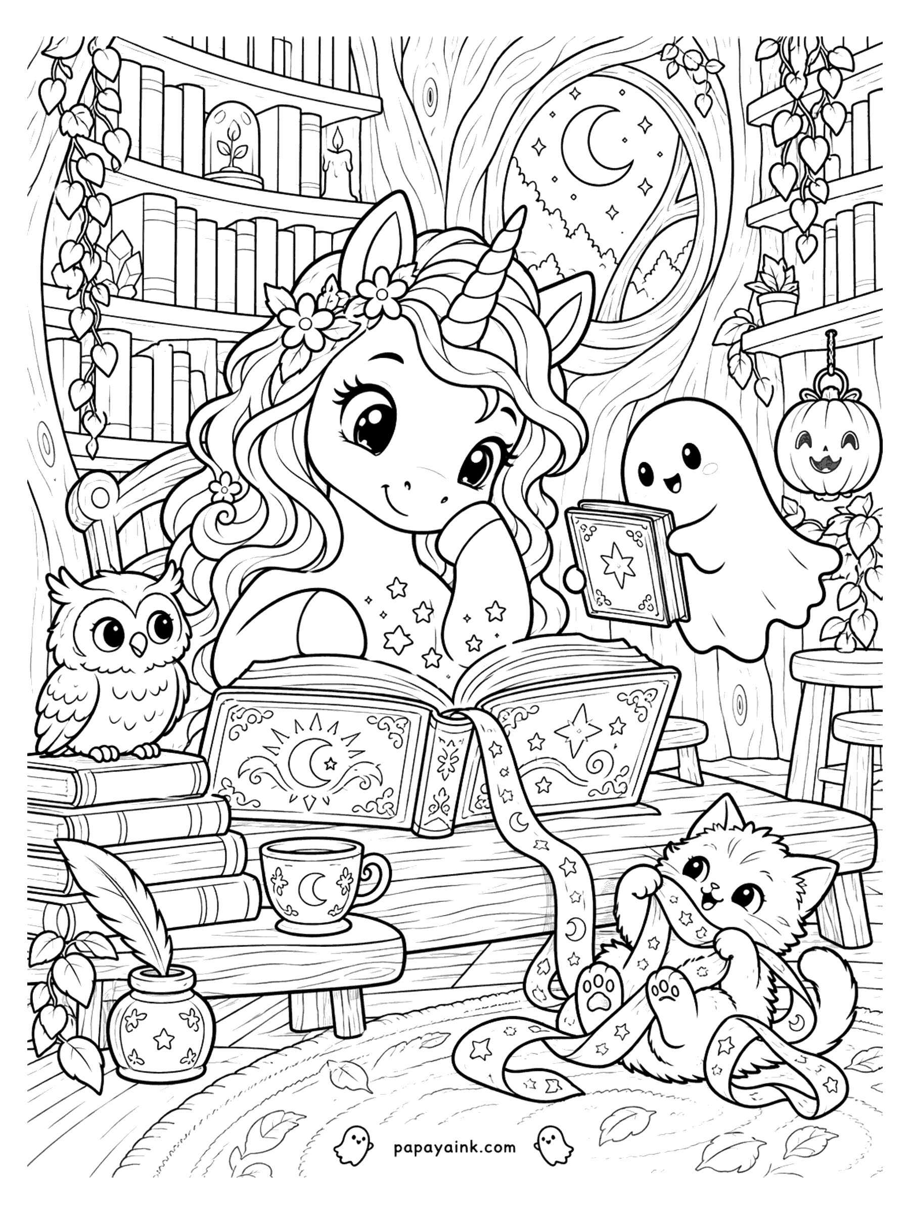 Halloween Unicorn Coloring Pages - Unicorn reading a big spell book in a treehouse library with an owl, a ghost and a kitten playing with a starry ribbon. Detailed.
