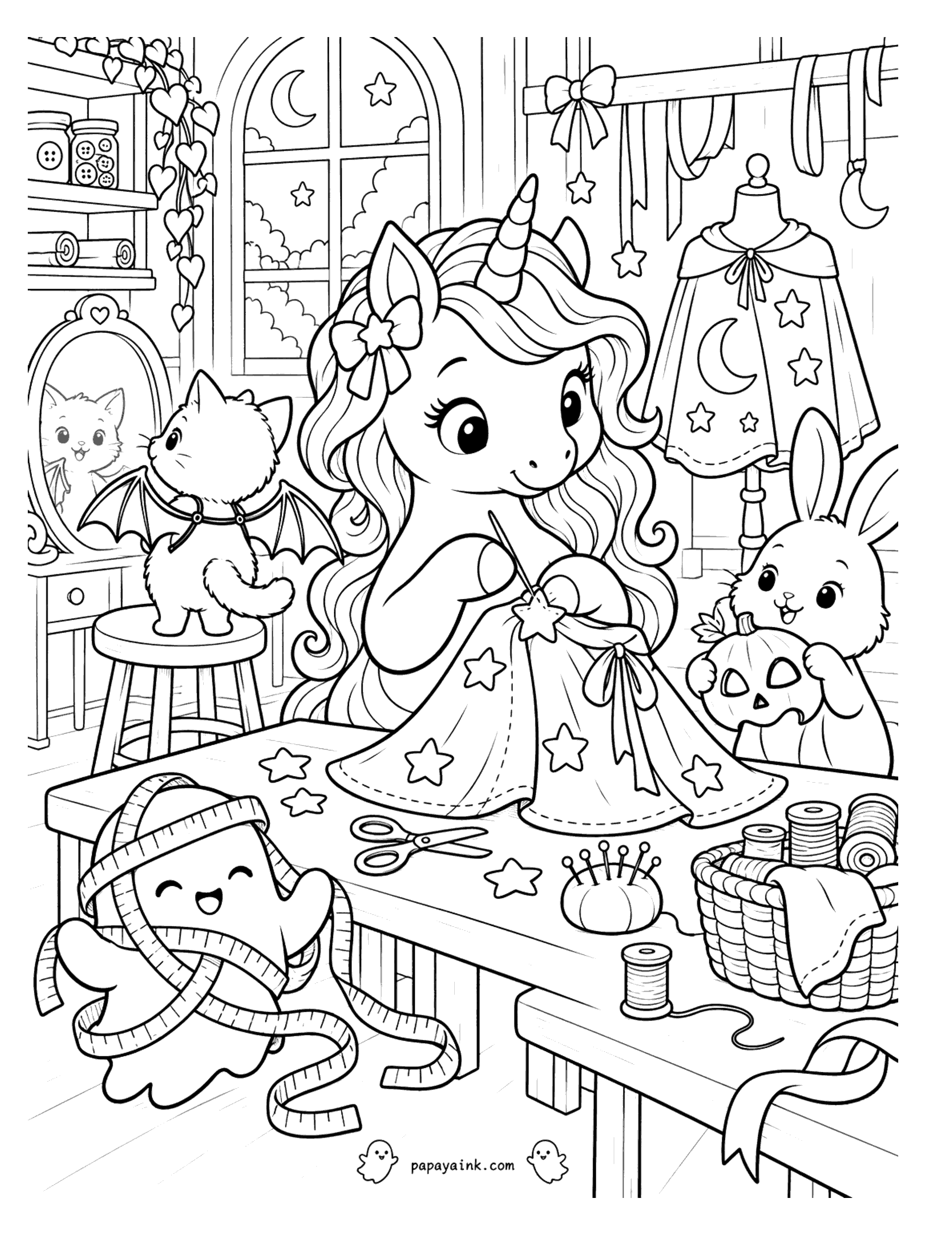 Halloween Unicorn Coloring Pages - Unicorn sewing a starry Halloween costume in a cozy workshop with a bat-winged kitten, a bunny and a ghost tangled in measuring tape. Detailed.