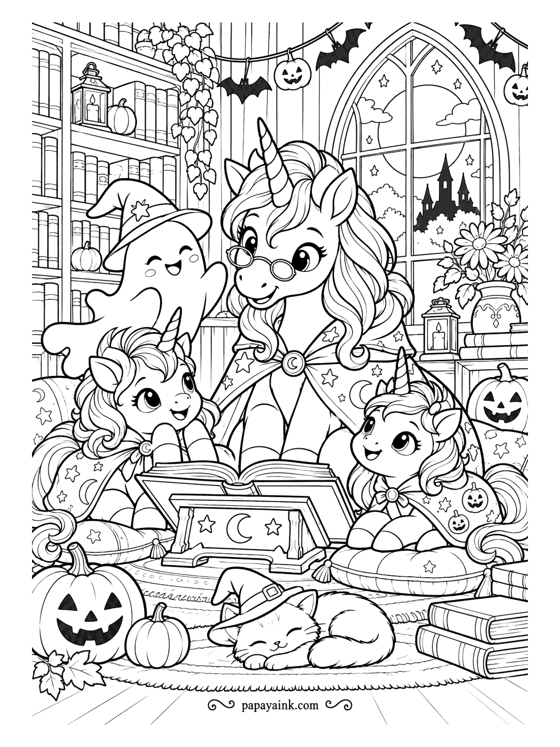 Halloween Unicorn Coloring Pages - A unicorn in round glasses reads the big book aloud to two fillies, with bats on the ceiling, a ghost in a pointed hat listening from above and the kitten asleep in her hat. Detailed - shelves and a castle in the window.