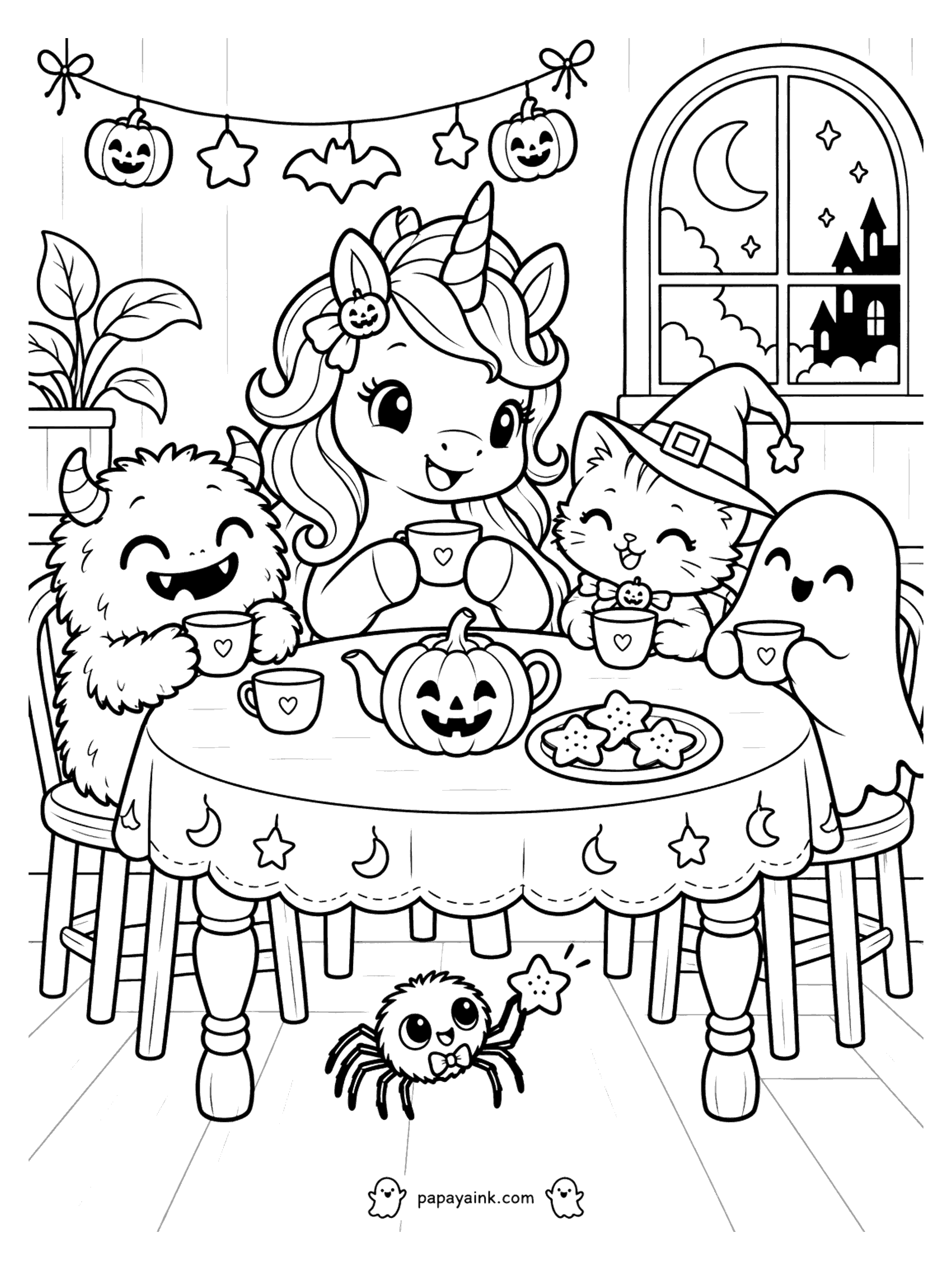 Halloween Unicorn Coloring Pages - Halloween tea party with a unicorn, a fluffy friendly monster, a witch kitten and a ghost around a pumpkin teapot.