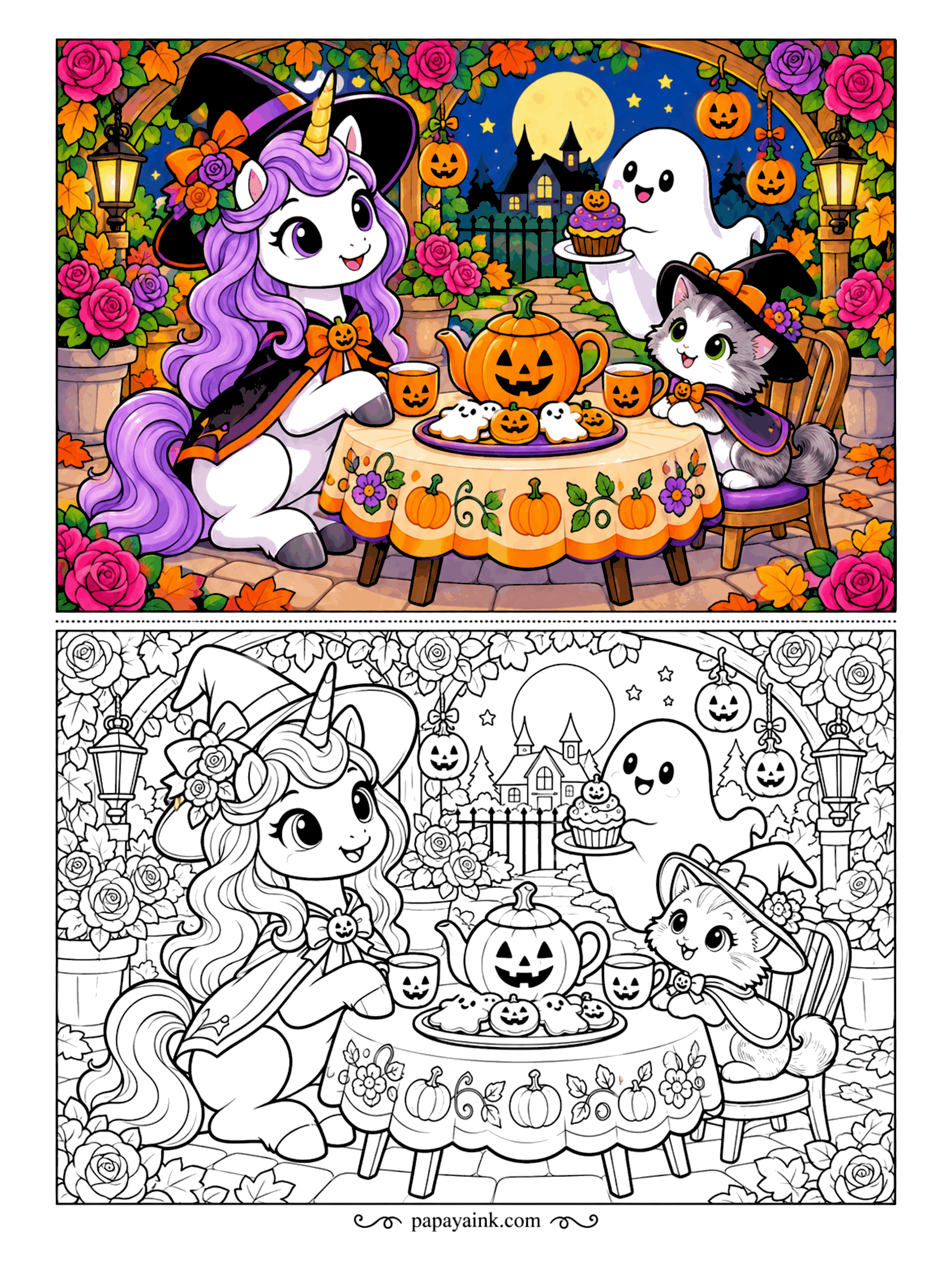 Halloween Unicorn Coloring Pages - Tea in the rose garden from a jack-o-lantern pot. A unicorn in a flowered witch hat hosts, a kitten in a matching hat takes the best chair, and a ghost floats in with the cupcake. Detailed - roses, lanterns, a haunted house under the moon.
