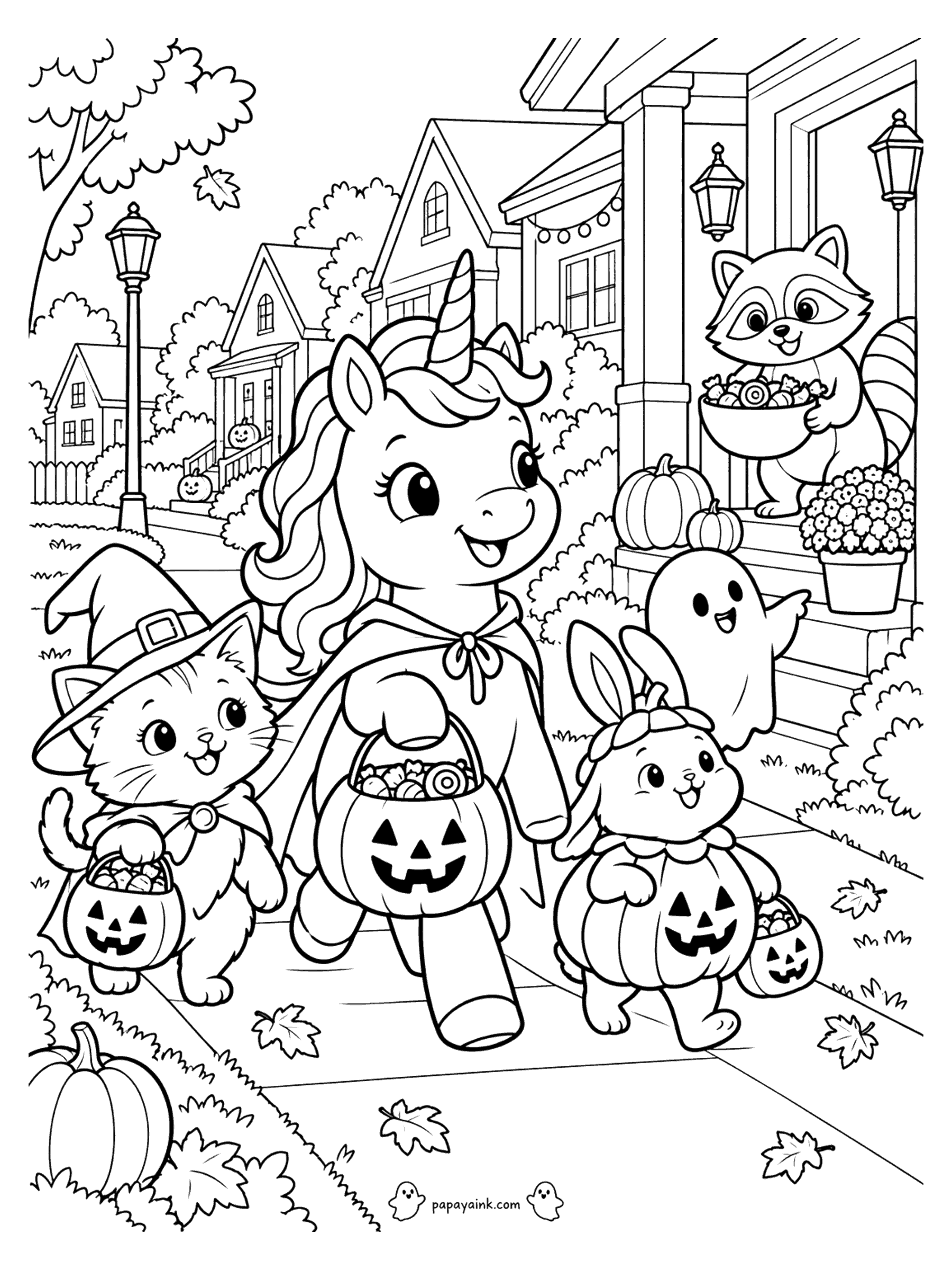 Halloween Unicorn Coloring Pages - Halloween unicorn trick-or-treating with a witch kitten, a pumpkin bunny and a friendly ghost while a raccoon hands out candy on the porch.