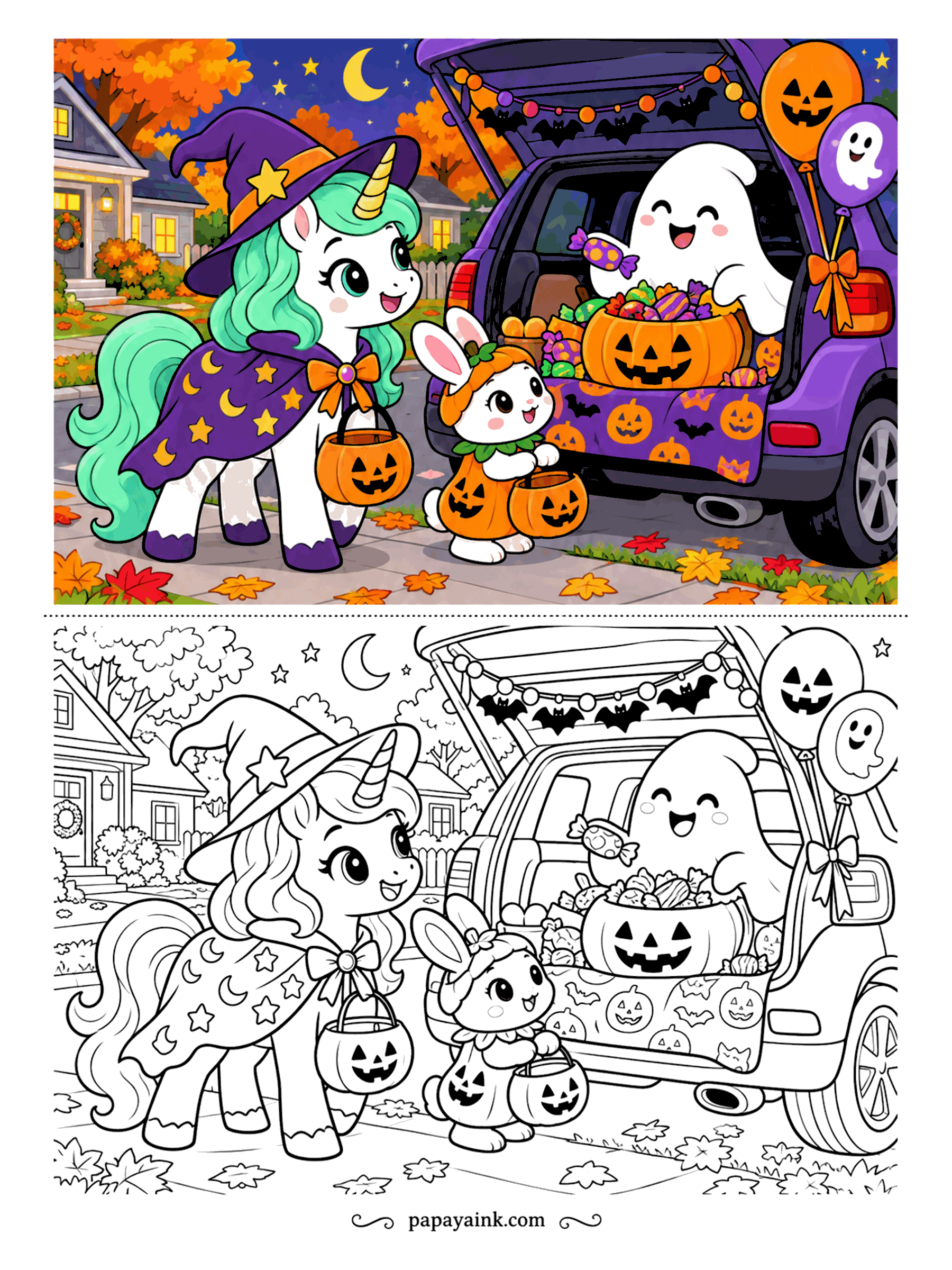 Halloween Unicorn Coloring Pages - Trunk-or-treat night. The ghost in the back of the car hands out candy from a pumpkin bowl; a caped unicorn and a bunny in a pumpkin suit hold out their buckets. Bat garland, balloons and a street of lit windows.