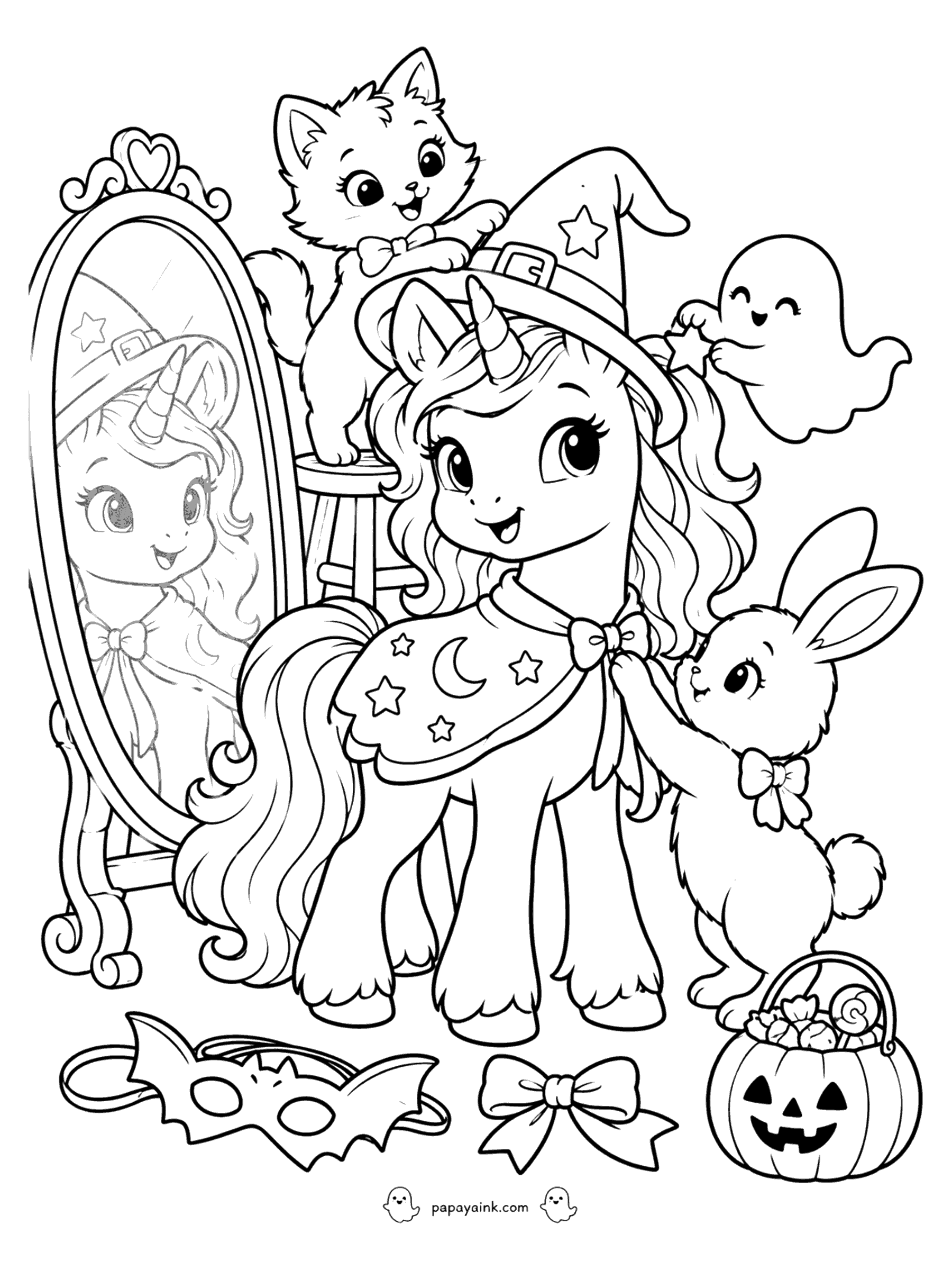 Halloween Unicorn Coloring Pages - Unicorn trying on a witch hat and starry cape in front of a mirror while a kitten, a bunny and a ghost help her get ready.