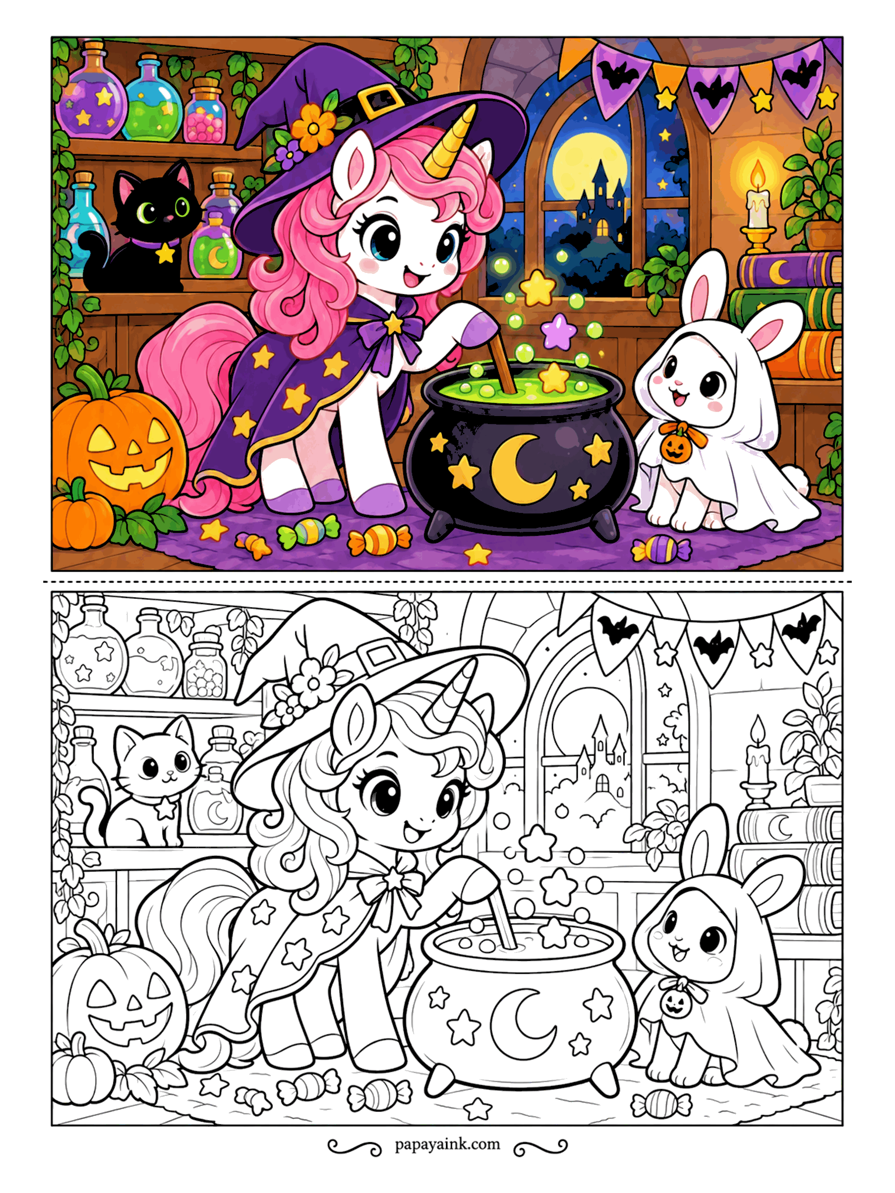 Halloween Unicorn Coloring Pages - Potion class is in session. A unicorn in a witch hat stirs a cauldron bubbling with stars, a bunny in a ghost sheet waits for the first taste, and a black cat supervises from the shelf. Detailed - jars, books, a castle in the window.