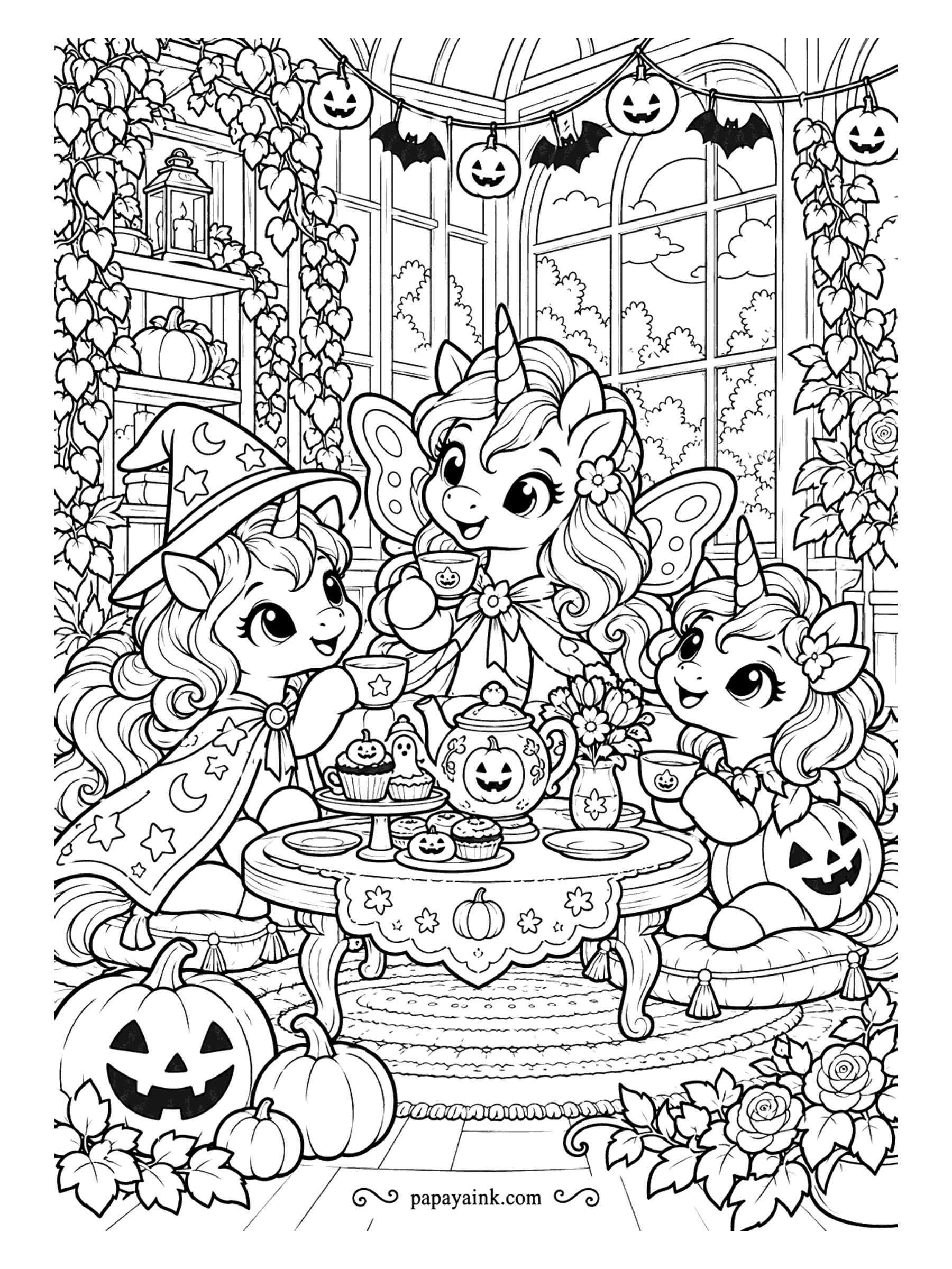 Halloween Unicorn Coloring Pages - Costume tea party in the greenhouse. A fairy-winged unicorn, a friend in a witch hat and a filly gather around the jack-o-lantern teapot with cupcakes on the stand. Vines climb the glass walls and bats hang from the beam - Detailed.