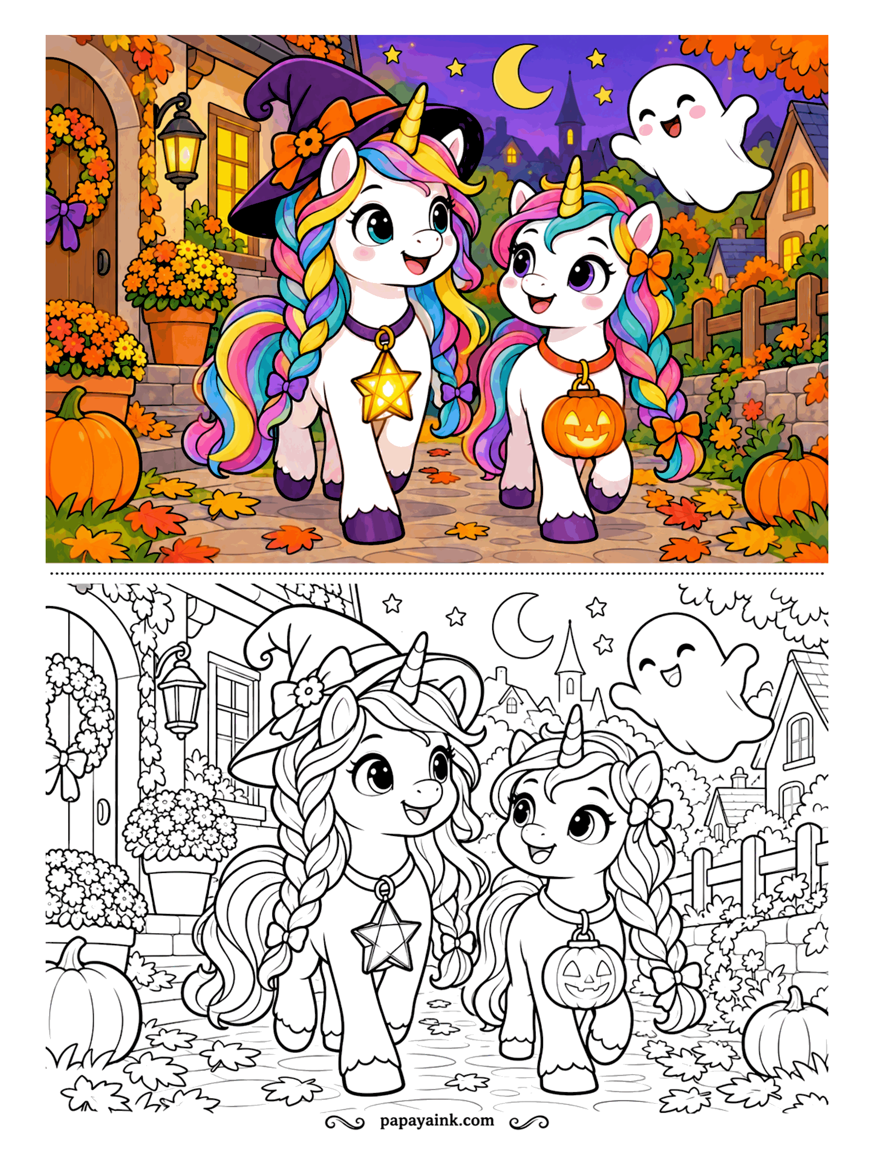 Halloween Unicorn Coloring Pages - Evening walk through the village. Two unicorns with long rainbow braids stroll past the lanterns, one with a glowing star on her collar, the other carrying a little jack-o-lantern, while a ghost drifts over the rooftops. An easy, cheerful page.